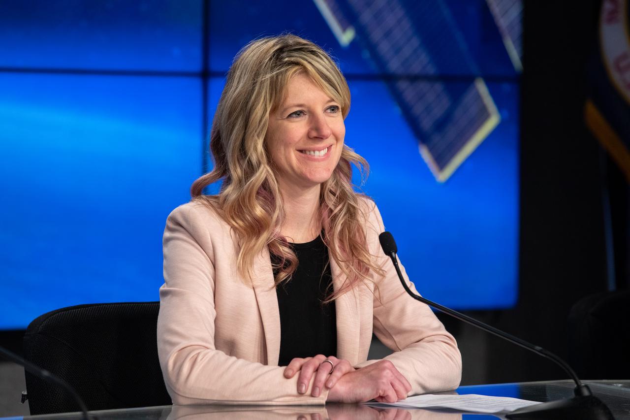 Jessica Jensen, director, Dragon Mission Management at SpaceX, speaks to members of the news media during a prelaunch news conference on Dec. 3, 2019, for SpaceX’s 19th Commercial Resupply Services (CRS-19) mission for NASA to the International Space Station, at the agency’s Kennedy Space Center in Florida. NASA and industry leaders speak to members of the news media during the news conference. The SpaceX Falcon 9 rocket and Dragon cargo module are scheduled to launch on Dec. 4, 2019, from Space Launch Complex 40 on Cape Canaveral Air Force Station in Florida.