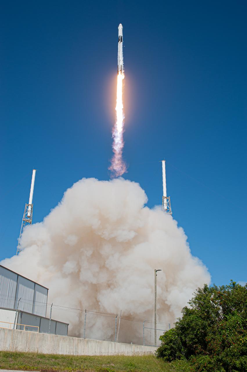 The SpaceX Falcon 9 rocket with the Dragon cargo module climbs upward after liftoff from Space Launch Complex 40 on Cape Canaveral Air Force Station in Florida in the early afternoon on Dec. 5, 2019. Liftoff was at 12:29 p.m. EST. This is SpaceX’s 19th Commercial Resupply Services (CRS-19) mission for NASA to the International Space Station. The Dragon cargo module will deliver more than 5,700 pounds of science and research, crew supplies and vehicle hardware to the orbital laboratory and its crew.