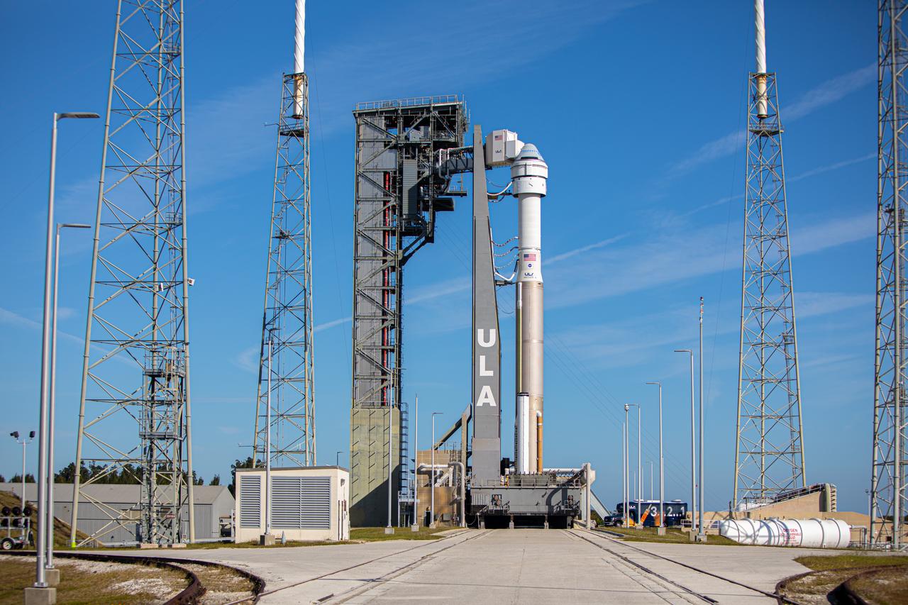 Boeing’s CST-100 Starliner spacecraft sits atop a United Launch Alliance Atlas V rocket at Cape Canaveral Air Force Station’s Space Launch Complex 41 in Florida on Dec. 5, 2019, for the program’s first-ever Integrated Day of Launch Test the following day. The rocket’s booster and Centaur upper stage will be filled with propellants for a full run-through of the launch countdown. The rehearsal is practice for Boeing’s upcoming uncrewed Orbital Flight Test to the International Space Station for NASA’s Commercial Crew Program.