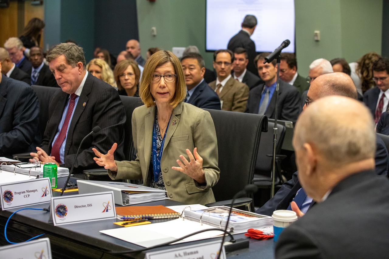 Kathy Lueders, manager of NASA’s Commercial Crew Program, speaks during the flight readiness review for Boeing’s upcoming Orbital Flight Test in Operations Support Building 2 at the agency’s Kennedy Space Center in Florida, Dec. 12, 2019. Boeing’s CST-100 Starliner spacecraft will launch atop a United Launch alliance Atlas V rocket from Space Launch Complex 41 at Cape Canaveral Air Force Station. The uncrewed Orbital Flight Test will be the Starliner’s first flight to the International Space Station for NASA’s Commercial Crew Program.