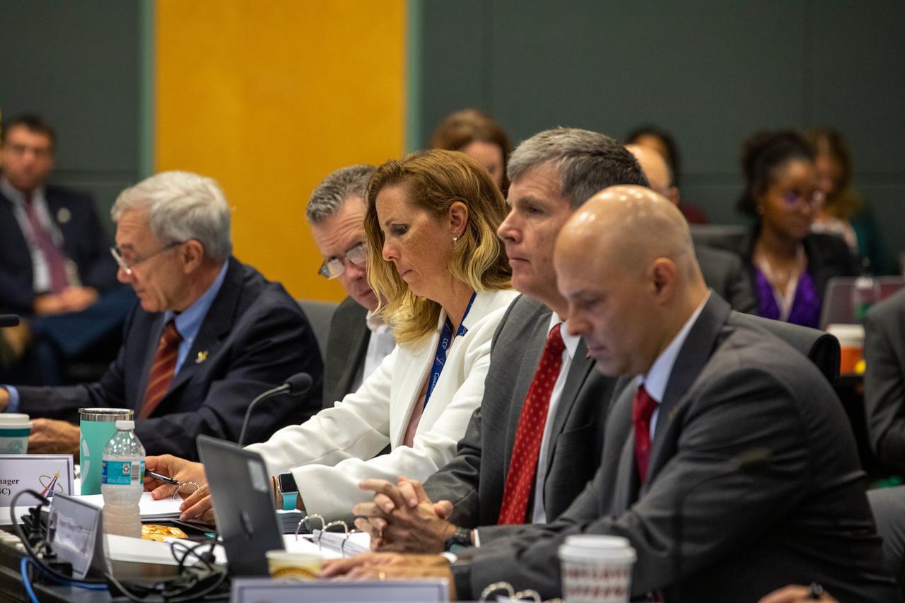 Dana Hutcherson, center, deputy manager of NASA’s Commercial Crew Program, participates in the flight readiness review for Boeing’s upcoming Orbital Flight Test in Operations Support Building 2 at the agency’s Kennedy Space Center in Florida, Dec. 12, 2019. Boeing’s CST-100 Starliner spacecraft will launch atop a United Launch alliance Atlas V rocket from Space Launch Complex 41 at Cape Canaveral Air Force Station. The uncrewed Orbital Flight Test will be the Starliner’s first flight to the International Space Station for NASA’s Commercial Crew Program.