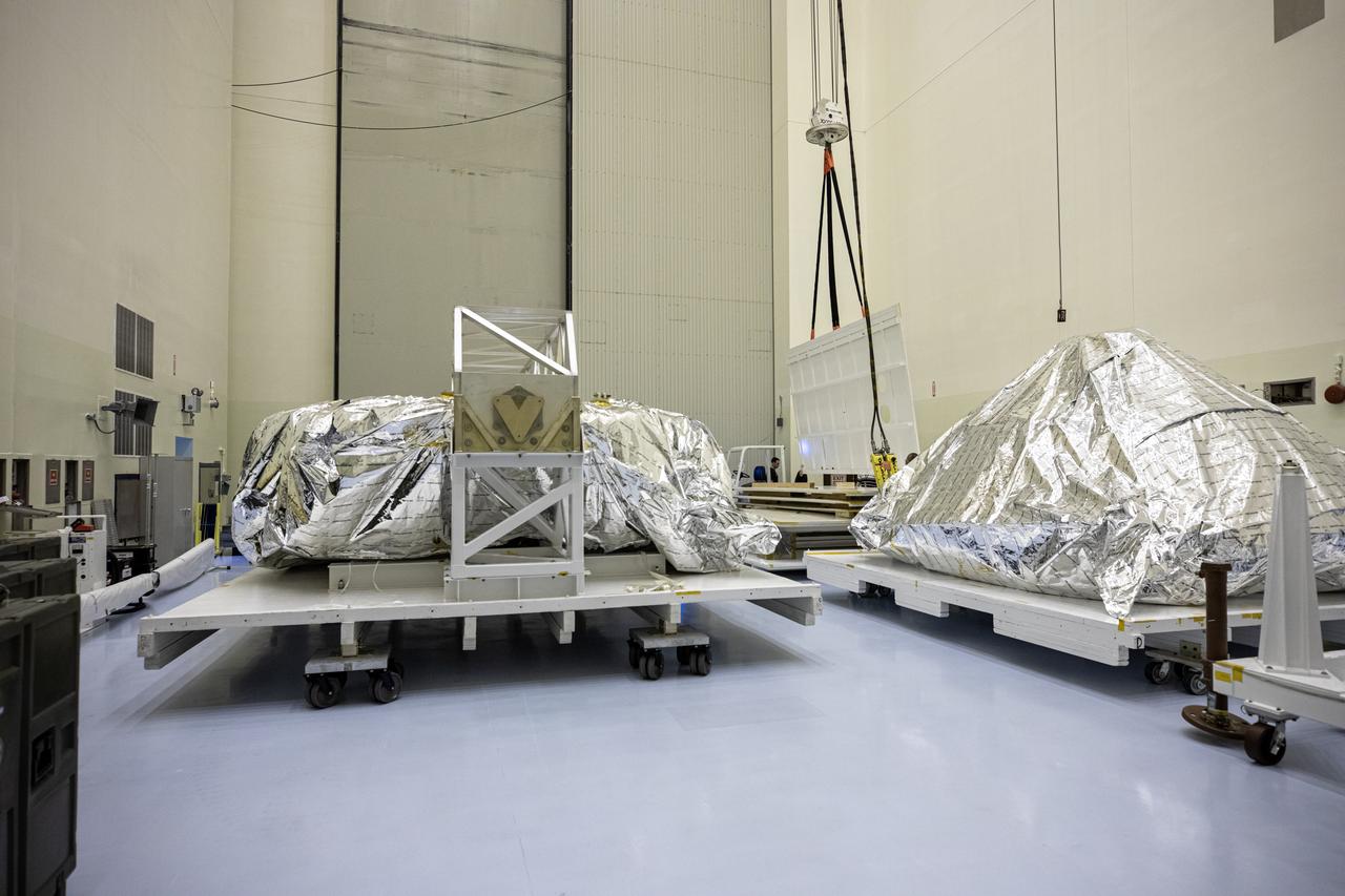 The heat shield and back shell for the Mars 2020 rover are unboxed inside the Payload Hazardous Servicing Facility at NASA’s Kennedy Space Center on Dec. 13, 2019. The two integral pieces of equipment, which were flown to the Florida spaceport from Lockheed Martin Space in Denver, Colorado, will protect the rover during its passage to Mars. The Mars 2020 rover is being manufactured at NASA’s Jet Propulsion Laboratory in California. When completed, the rover will be delivered to Kennedy in mid-February, 2020, with the mission scheduled to launch in the summer of 2020.