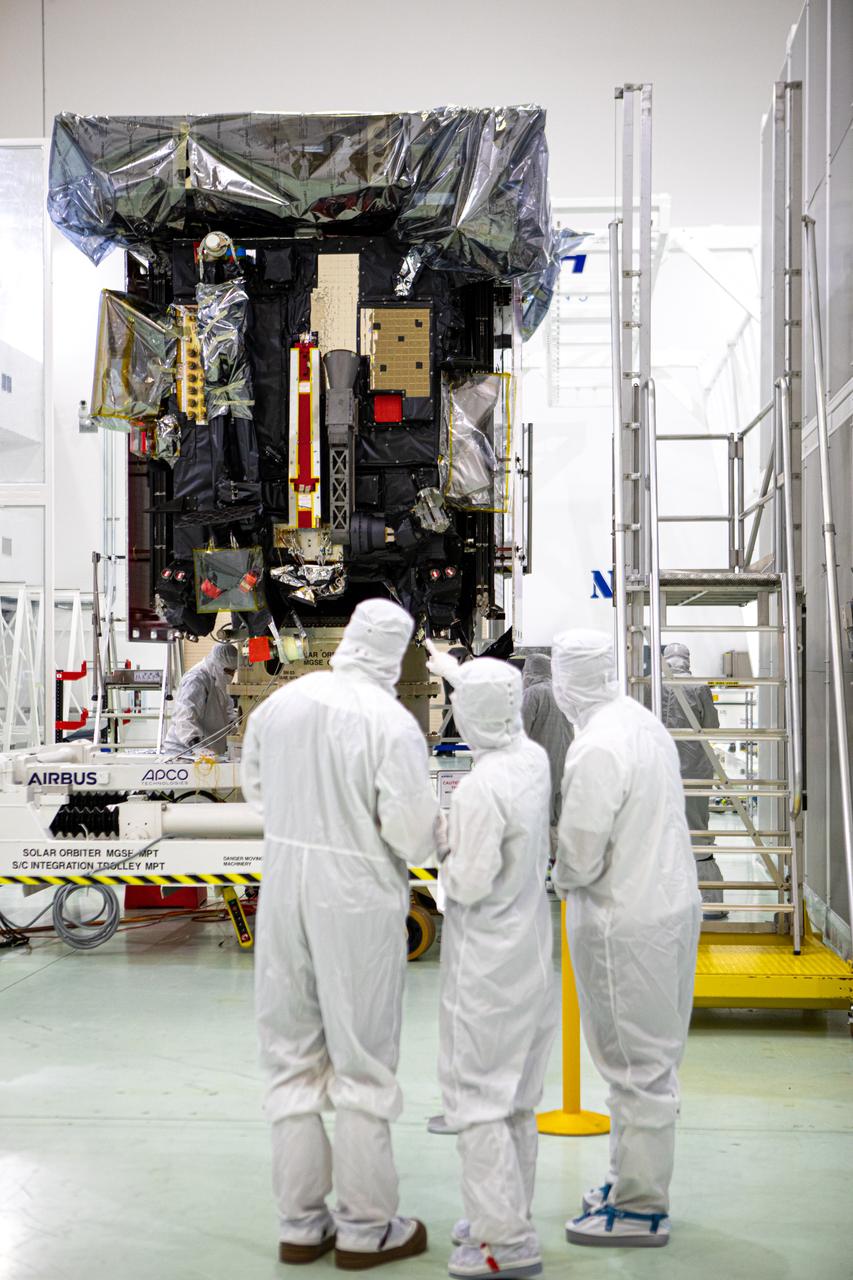 Members of the media were given the opportunity to view and photograph the Solar Orbiter spacecraft up close inside the Astrotech Space Operations payload processing facility in Titusville, Florida, on Dec. 16, 2019. Representatives from NASA’s Launch Services Program (LSP), the European Space Agency (ESA), United Launch Alliance (ULA), Airbus Defence and Space, and NASA’s Goddard Space Flight Center provided an overview of the mission, spacecraft and launch vehicle. Solar Orbiter is a space mission of international collaboration between ESA and NASA, and the spacecraft has been developed by Airbus. The mission will study the Sun and how it can affect the space environment throughout the solar system, and it also will provide the first images of the Sun’s poles. Solar Orbiter is scheduled to launch from Cape Canaveral Air Force Station’s Space Launch Complex 41 aboard a ULA Atlas V rocket at 11:27 p.m. EST on Feb. 5, 2020. LSP will manage the launch. 