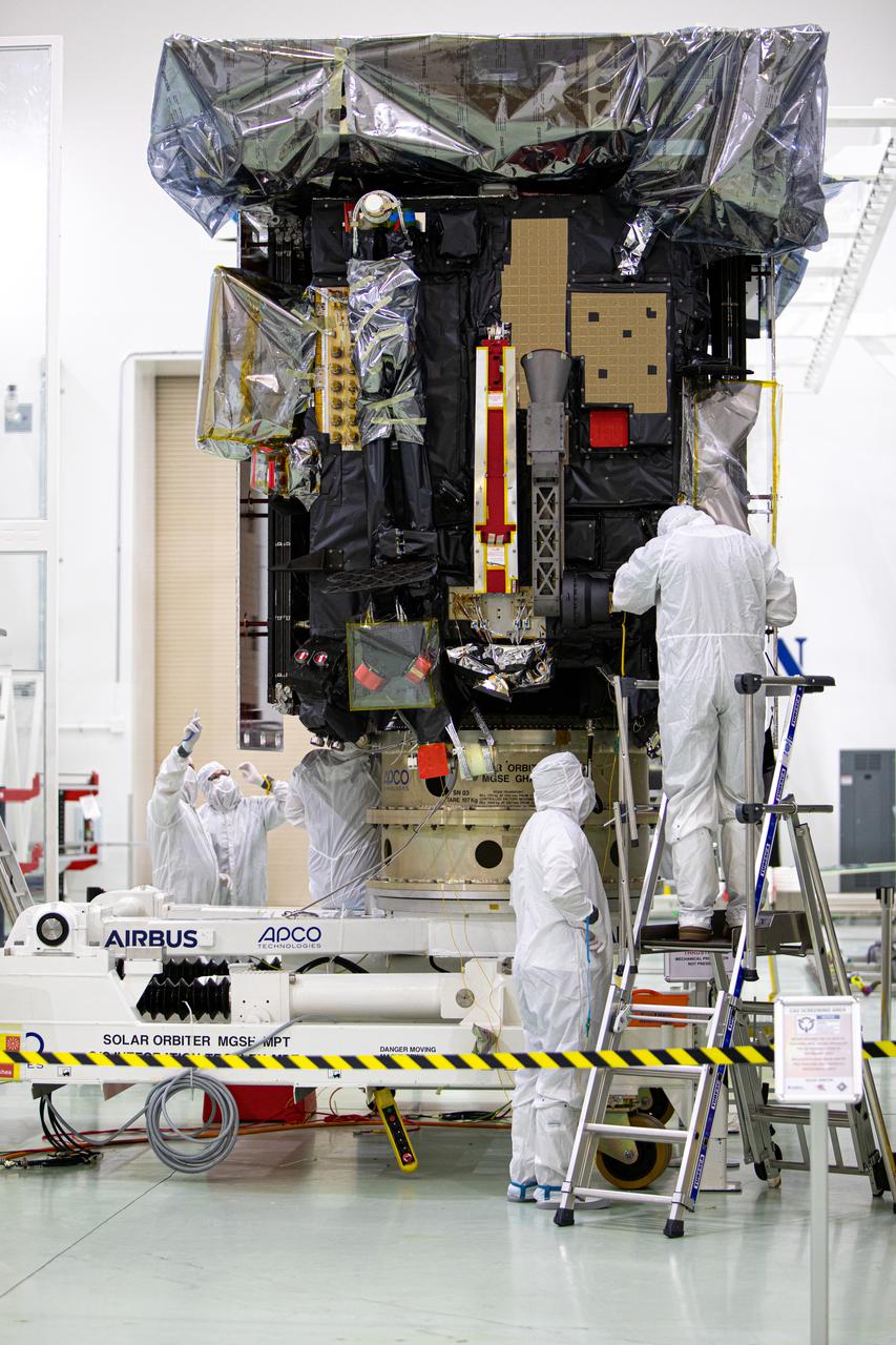 Members of the media were given the opportunity to view and photograph the Solar Orbiter spacecraft up close inside the Astrotech Space Operations payload processing facility in Titusville, Florida, on Dec. 16, 2019. Representatives from NASA’s Launch Services Program (LSP), the European Space Agency (ESA), United Launch Alliance (ULA), Airbus Defence and Space, and NASA’s Goddard Space Flight Center provided an overview of the mission, spacecraft and launch vehicle. Solar Orbiter is a space mission of international collaboration between ESA and NASA, and the spacecraft has been developed by Airbus. The mission will study the Sun and how it can affect the space environment throughout the solar system, and it also will provide the first images of the Sun’s poles. Solar Orbiter is scheduled to launch from Cape Canaveral Air Force Station’s Space Launch Complex 41 aboard a ULA Atlas V rocket at 11:27 p.m. EST on Feb. 5, 2020. LSP will manage the launch. 