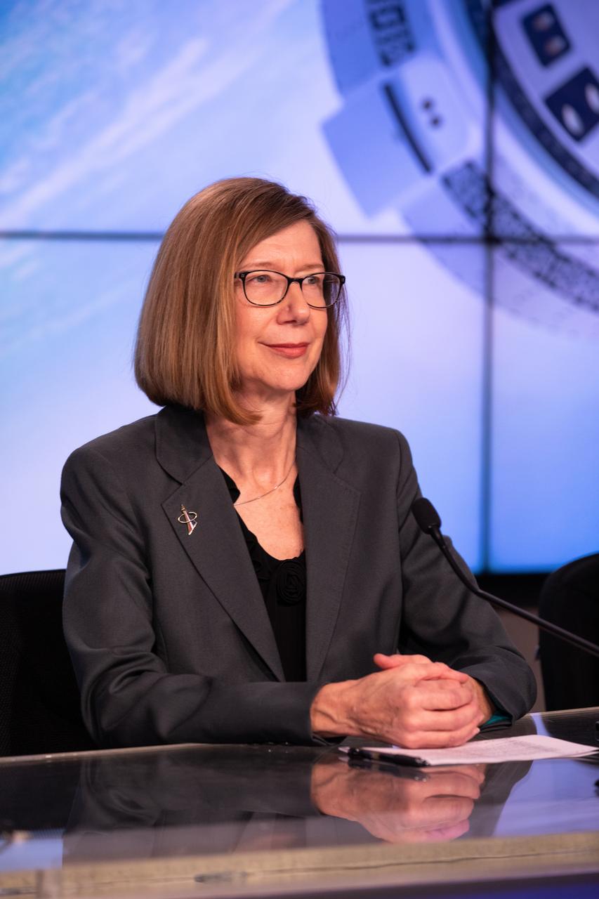 Kathy Lueders, NASA Commercial Crew Program, speaks during a prelaunch briefing for Boeing’s Orbital Flight Test at the agency’s Kennedy Space Center in Florida, Dec. 17, 2019. Boeing’s CST-100 Starliner spacecraft will launch atop a United Launch Alliance Atlas V rocket from Space Launch Complex 41 at Cape Canaveral Air Force Station. The uncrewed Orbital Flight Test will be the Starliner’s first flight to the International Space Station for NASA’s Commercial Crew Program.
