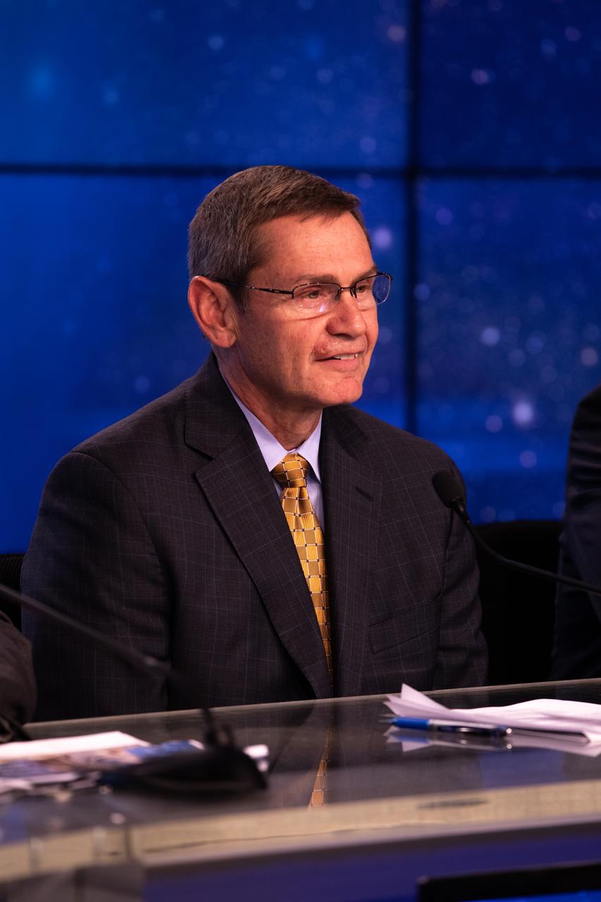 John Elbon, chief operating officer, United Launch Alliance, speaks during a prelaunch briefing for Boeing’s Orbital Flight Test at the agency’s Kennedy Space Center in Florida, Dec. 17, 2019. Boeing’s CST-100 Starliner spacecraft will launch atop a United Launch Alliance Atlas V rocket from Space Launch Complex 41 at Cape Canaveral Air Force Station. The uncrewed Orbital Flight Test will be the Starliner’s first flight to the International Space Station for NASA’s Commercial Crew Program.