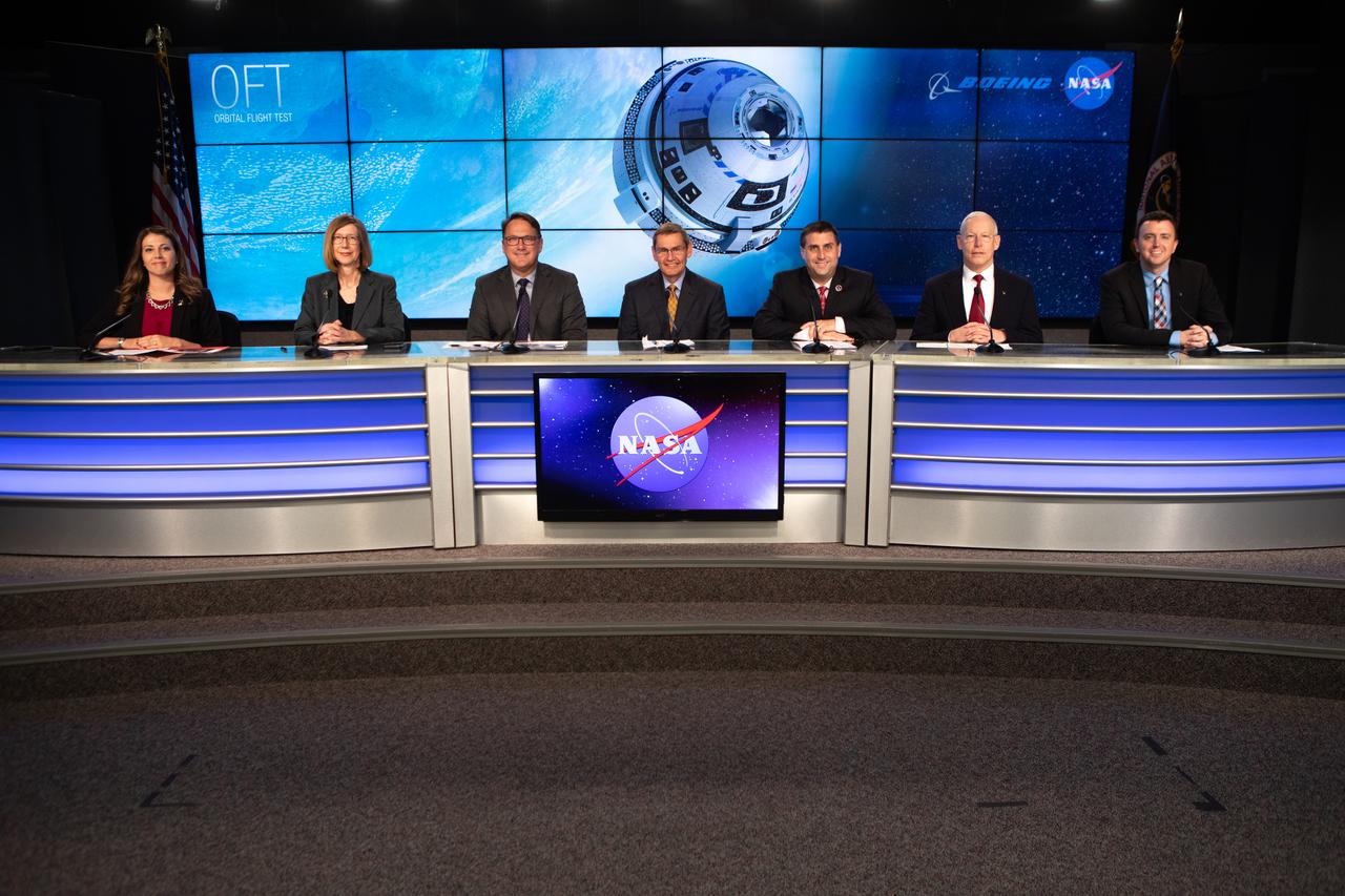 Officials from NASA, Boeing, United Launch Alliance and the U.S. Air Force 45th Weather Squadron participate in a prelaunch briefing for Boeing’s Orbital Flight Test at the agency’s Kennedy Space Center in Florida, Dec. 17, 2019. From left to right are Marie Lewis, NASA Communications; Kathy Lueders, NASA Commercial Crew Program; John Mulholland, vice president and program manager, Boeing Commercial Crew Program; John Elbon, chief operating officer, United Launch Alliance; Joel Montalbano, deputy manager, International Space Station Program; Pat Forrester, Astronaut Office chief, Johnson Space Center; and Will Ulrich, launch weather officer, 45th Weather Squadron. Boeing’s CST-100 Starliner spacecraft will launch atop a United Launch Alliance Atlas V rocket from Space Launch Complex 41 at Cape Canaveral Air Force Station. The uncrewed Orbital Flight Test will be the Starliner’s first flight to the International Space Station for NASA’s Commercial Crew Program.