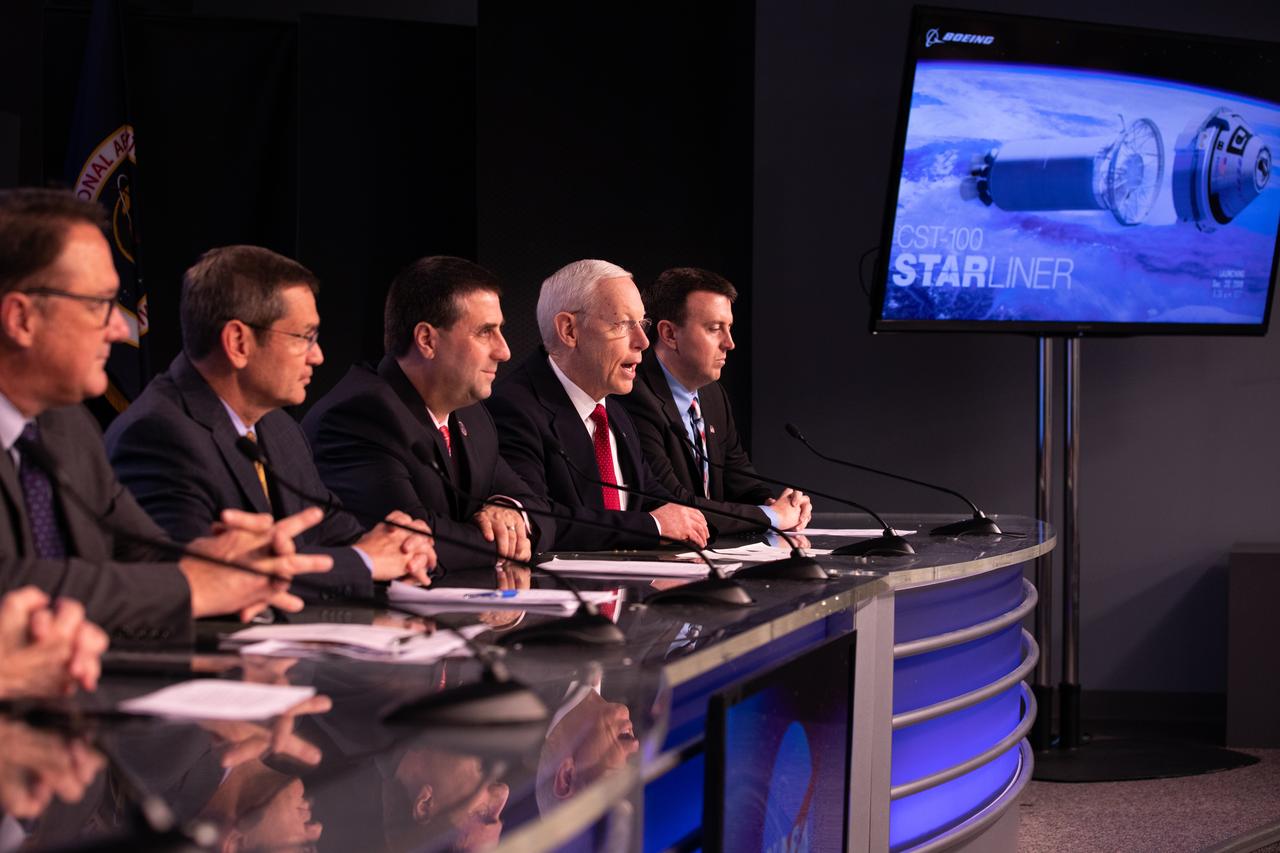Officials from NASA, Boeing, United Launch Alliance and the U.S. Air Force 45th Weather Squadron participate in a prelaunch briefing for Boeing’s Orbital Flight Test at the agency’s Kennedy Space Center in Florida, Dec. 17, 2019. From left are John Mulholland, vice president and program manager, Boeing Commercial Crew Program; John Elbon, chief operating officer, United Launch Alliance; Joel Montalbano, deputy manager, International Space Station Program; Pat Forrester, Astronaut Office chief, Johnson Space Center; and Will Ulrich, launch weather officer, 45th Weather Squadron. Boeing’s CST-100 Starliner spacecraft will launch atop a United Launch Alliance Atlas V rocket from Space Launch Complex 41 at Cape Canaveral Air Force Station. The uncrewed Orbital Flight Test will be the Starliner’s first flight to the International Space Station for NASA’s Commercial Crew Program.
