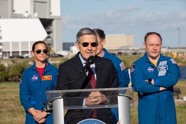 NASA image: Administrator with Astronauts and KSC Center Director Briefing
