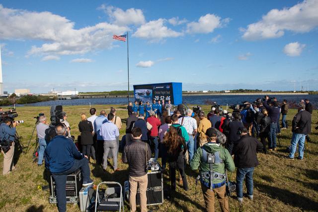 NASA image: Administrator with Astronauts and KSC Center Director Briefing