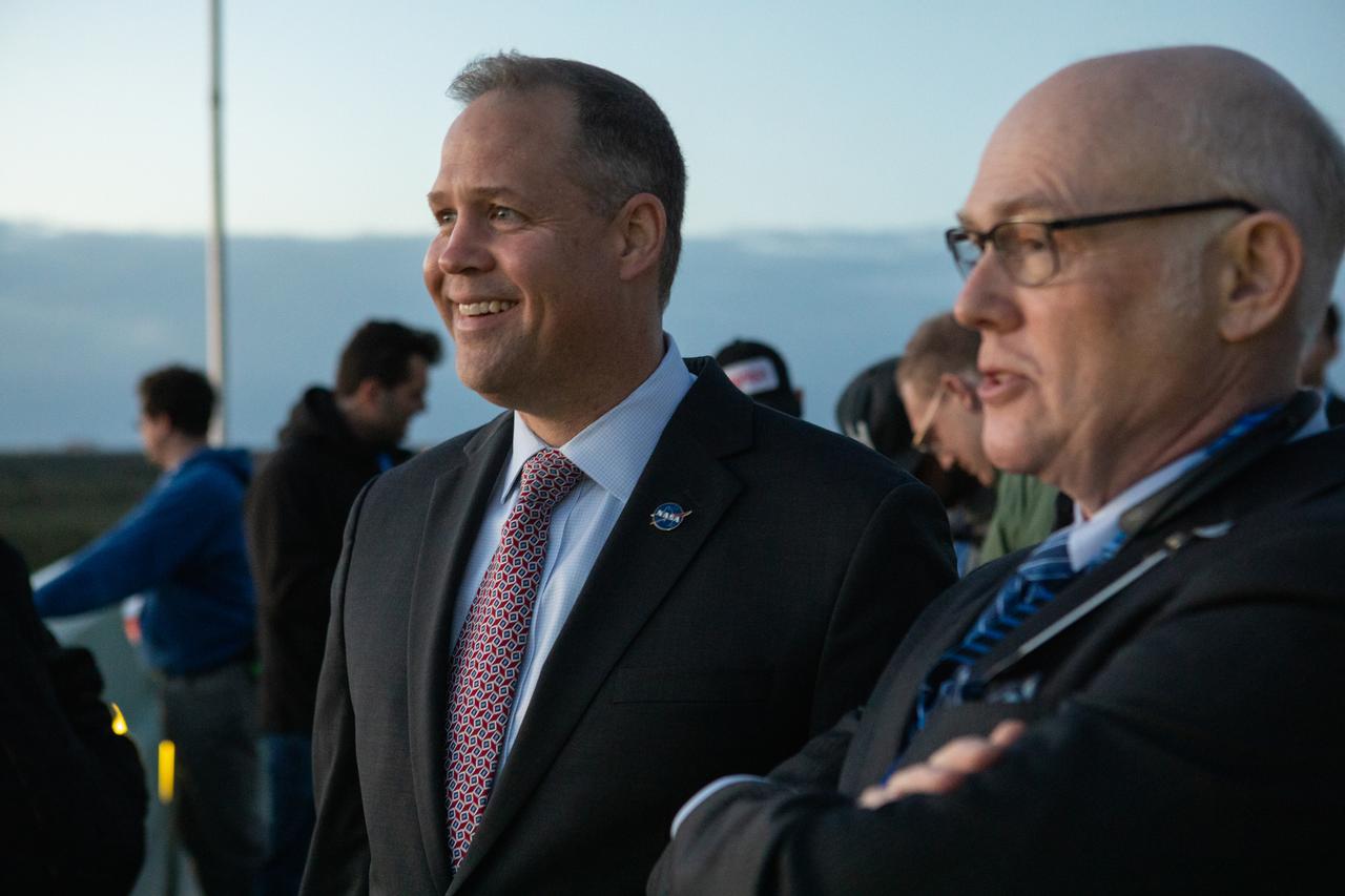 NASA Administrator Jim Bridenstine, left, and Tory Bruno, president and chief executive officer of United Launch Alliance, wait at NASA’s Kennedy Space Center in Florida to see the liftoff of a United Launch Alliance Atlas V rocket carrying Boeing’s CST-100 Starliner spacecraft for Boeing’s Orbital Flight Test, Dec. 20, 2019. Liftoff occurred at 6:36 a.m. EST from Space Launch Complex 41 at Florida’s Cape Canaveral Air Force Station. The uncrewed Orbital Flight Test is the Starliner’s first flight for NASA’s Commercial Crew Program.