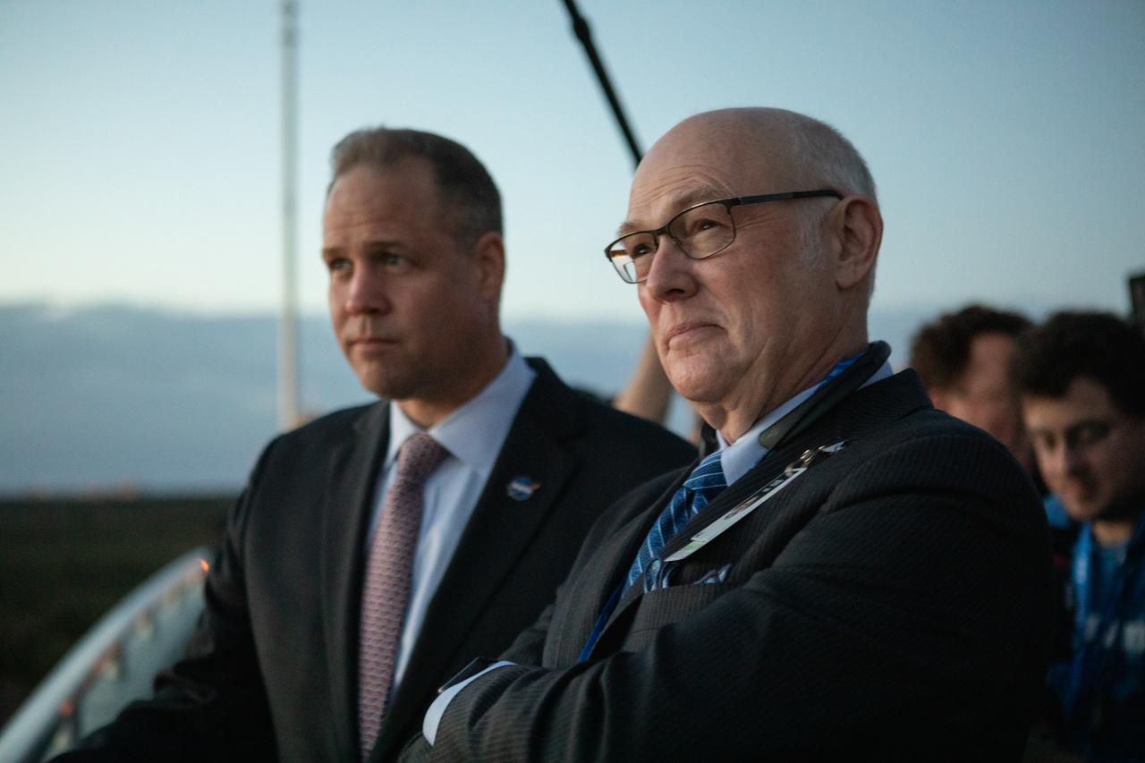 NASA Administrator Jim Bridenstine, left, and Tory Bruno, president and chief executive officer of United Launch Alliance, wait at NASA’s Kennedy Space Center in Florida to see the liftoff of a United Launch Alliance Atlas V rocket carrying Boeing’s CST-100 Starliner spacecraft for Boeing’s Orbital Flight Test, Dec. 20, 2019. Liftoff occurred at 6:36 a.m. EST from Space Launch Complex 41 at Florida’s Cape Canaveral Air Force Station. The uncrewed Orbital Flight Test is the Starliner’s first flight for NASA’s Commercial Crew Program.