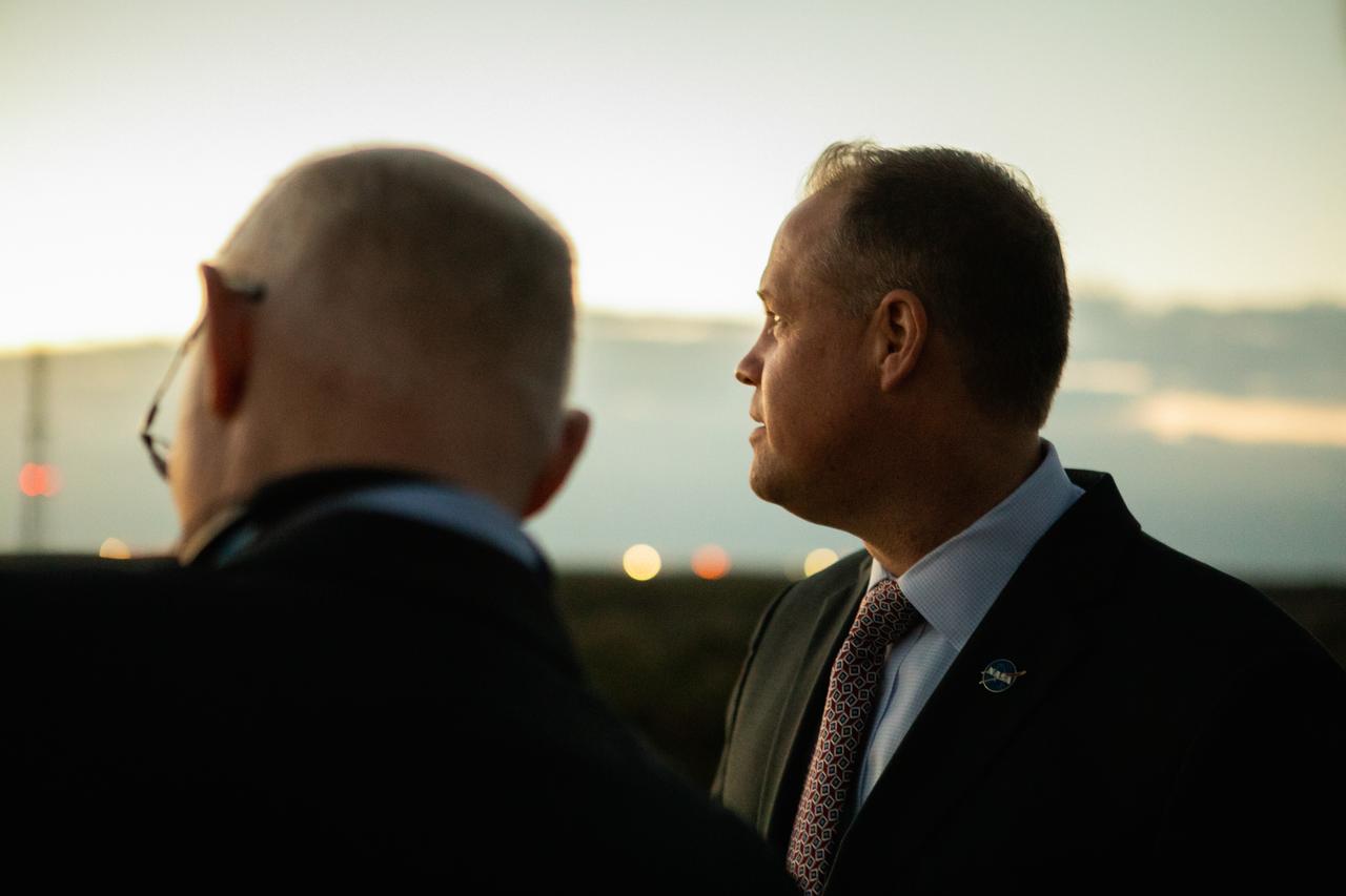 Tory Bruno, president and chief executive officer of United Launch Alliance, left, and NASA Administrator Jim Bridenstine wait at NASA’s Kennedy Space Center in Florida to see the liftoff of a United Launch Alliance Atlas V rocket carrying Boeing’s CST-100 Starliner spacecraft for Boeing’s Orbital Flight Test, Dec. 20, 2019. Liftoff occurred at 6:36 a.m. EST from Space Launch Complex 41 at Florida’s Cape Canaveral Air Force Station. The uncrewed Orbital Flight Test is the Starliner’s first flight for NASA’s Commercial Crew Program.