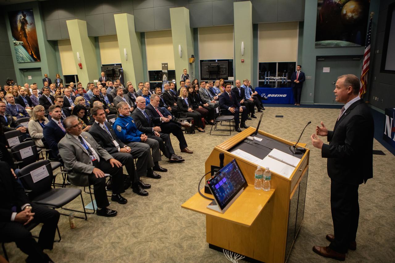 NASA Administrator Jim Bridenstine speaks to invited guests at NASA’s Kennedy Space Center in Florida during a prelaunch briefing for Boeing’s uncrewed Orbital Flight Test, Dec. 20, 2019. A United Launch Alliance Atlas V rocket carrying Boeing’s CST-100 Starliner spacecraft launched at 6:36 a.m. EST from Space Launch Complex 41 at Florida’s Cape Canaveral Air Force Station. The Orbital Flight Test is the Starliner’s first flight for NASA’s Commercial Crew Program.