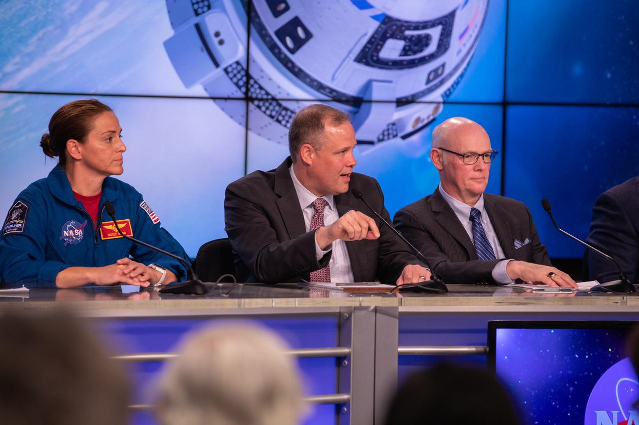 NASA Administrator Jim Bridenstine speaks during a briefing at the agency’s Kennedy Space Center in Florida following launch of Boeing’s Orbital Flight Test, Dec. 20, 2019. Beside him are NASA astronaut Nicole Mann, left, and Tory Bruno, president and CEO of United Launch Alliance. Boeing’s CST-100 Starliner spacecraft launched atop a United Launch Alliance Atlas V rocket from Space Launch Complex 41 at Cape Canaveral Air Force Station at 6:36 a.m. EST. The uncrewed Orbital Flight Test is the Starliner’s first flight for NASA’s Commercial Crew Program.