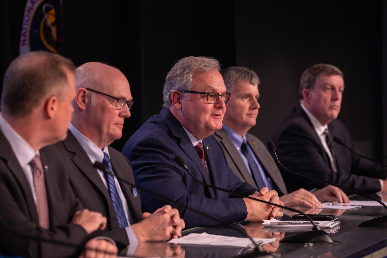 Jim Chilton, Boeing senior vice president, Space and Launch Division, speaks during a briefing at NASA’s Kennedy Space Center in Florida following launch of Boeing’s Orbital Flight Test, Dec. 20, 2019. From left to right are Jim Bridenstine, NASA Administrator; Tory Bruno, president and CEO, United Launch Alliance; Chilton; Steve Stich, deputy manager, NASA Commercial Crew Program; and Kirk Shireman, manager of NASA’s International Space Station Program. Boeing’s CST-100 Starliner spacecraft launched atop a United Launch Alliance Atlas V rocket from Space Launch Complex 41 at Cape Canaveral Air Force Station at 6:36 a.m. EST. The uncrewed Orbital Flight Test is the Starliner’s first flight for NASA’s Commercial Crew Program.