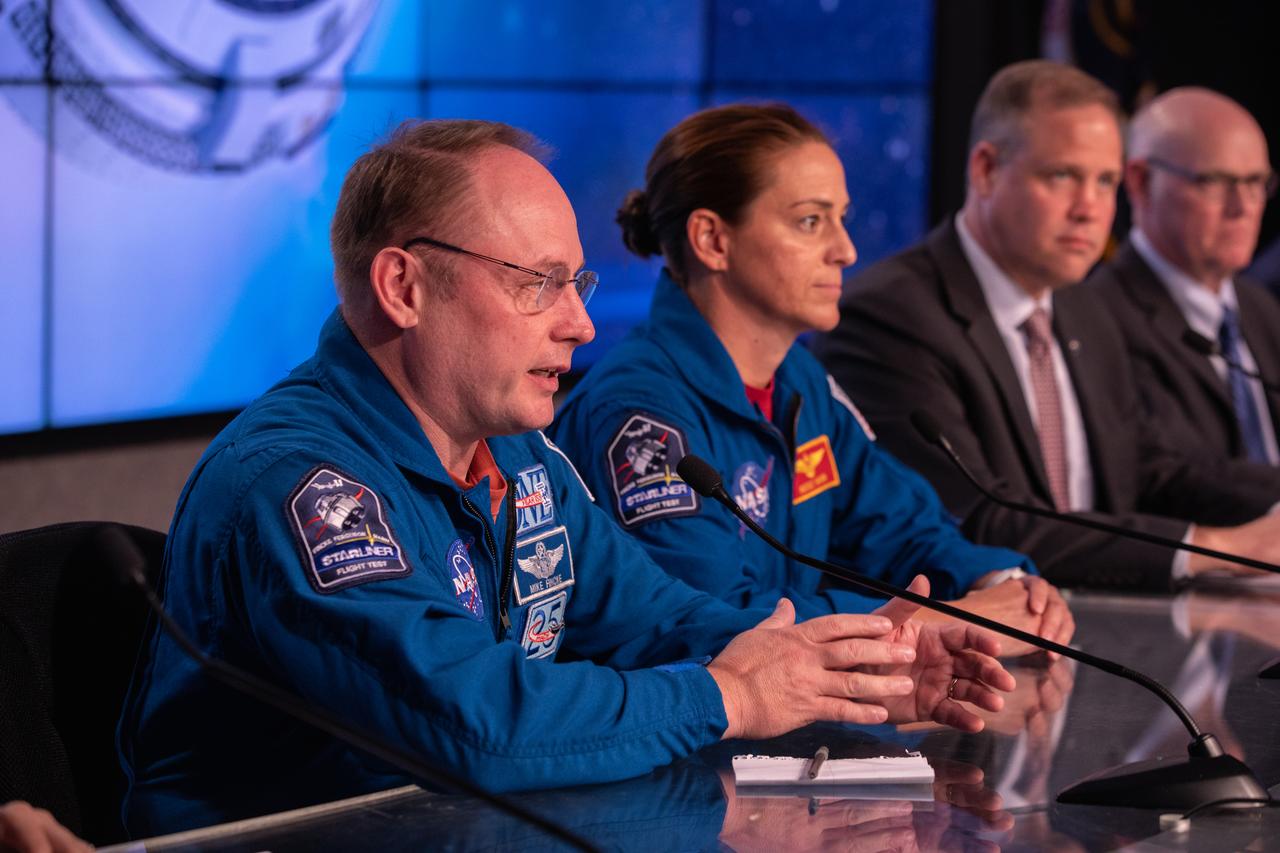 NASA astronaut Mike Fincke, left, speaks during a briefing at the agency’s Kennedy Space Center in Florida following launch of Boeing’s Orbital Flight Test, Dec. 20, 2019. Beside him are NASA astronaut Nicole Mann; Jim Bridenstine, NASA Administrator; and Tory Bruno, president and CEO, United Launch Alliance. Boeing’s CST-100 Starliner spacecraft launched atop a United Launch Alliance Atlas V rocket from Space Launch Complex 41 at Cape Canaveral Air Force Station at 6:36 a.m. EST. The uncrewed Orbital Flight Test is the Starliner’s first flight for NASA’s Commercial Crew Program.