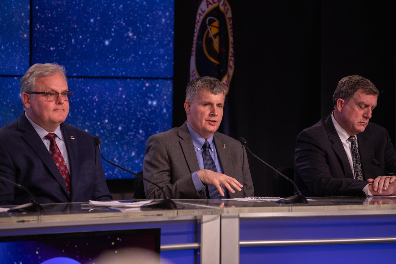 Steve Stich, deputy manager, NASA Commercial Crew Program, speaks during a briefing at the agency’s Kennedy Space Center in Florida following launch of Boeing’s Orbital Flight Test, Dec. 20, 2019. Beside him are Jim Chilton, Boeing senior vice president, Space and Launch Division, left, and Kirk Shireman, manager of NASA’s International Space Station Program. Boeing’s CST-100 Starliner spacecraft launched atop a United Launch Alliance Atlas V rocket from Space Launch Complex 41 at Cape Canaveral Air Force Station at 6:36 a.m. EST. The uncrewed Orbital Flight Test is the Starliner’s first flight for NASA’s Commercial Crew Program.