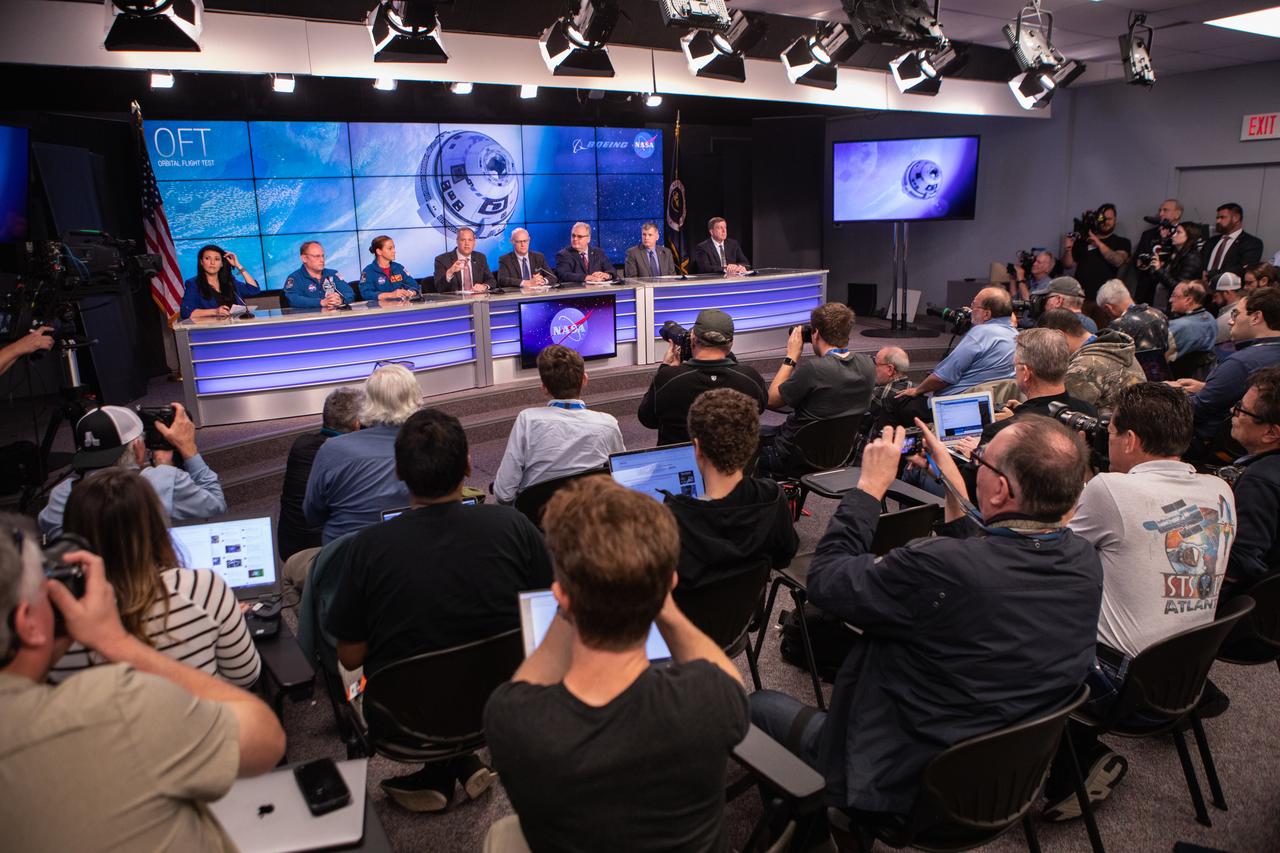 Officials from NASA, Boeing and United Launch Alliance participate in a briefing at the agency’s Kennedy Space Center in Florida following launch of Boeing’s Orbital Flight Test, Dec. 20, 2019. From left to right are Bettina Inclan, NASA Communications; NASA astronauts Mike Fincke and Nicole Mann; Jim Bridenstine, NASA Administrator; Tory Bruno, President and CEO, United Launch Alliance; Jim Chilton, Boeing senior vice president, Space and Launch Division; Steve Stich, deputy manager, NASA Commercial Crew Program; and Kirk Shireman, manager, International Space Station Program. Boeing’s CST-100 Starliner spacecraft launched atop a United Launch Alliance Atlas V rocket from Space Launch Complex 41 at Cape Canaveral Air Force Station at 6:36 a.m. EST. The uncrewed Orbital Flight Test is the Starliner’s first flight for NASA’s Commercial Crew Program.