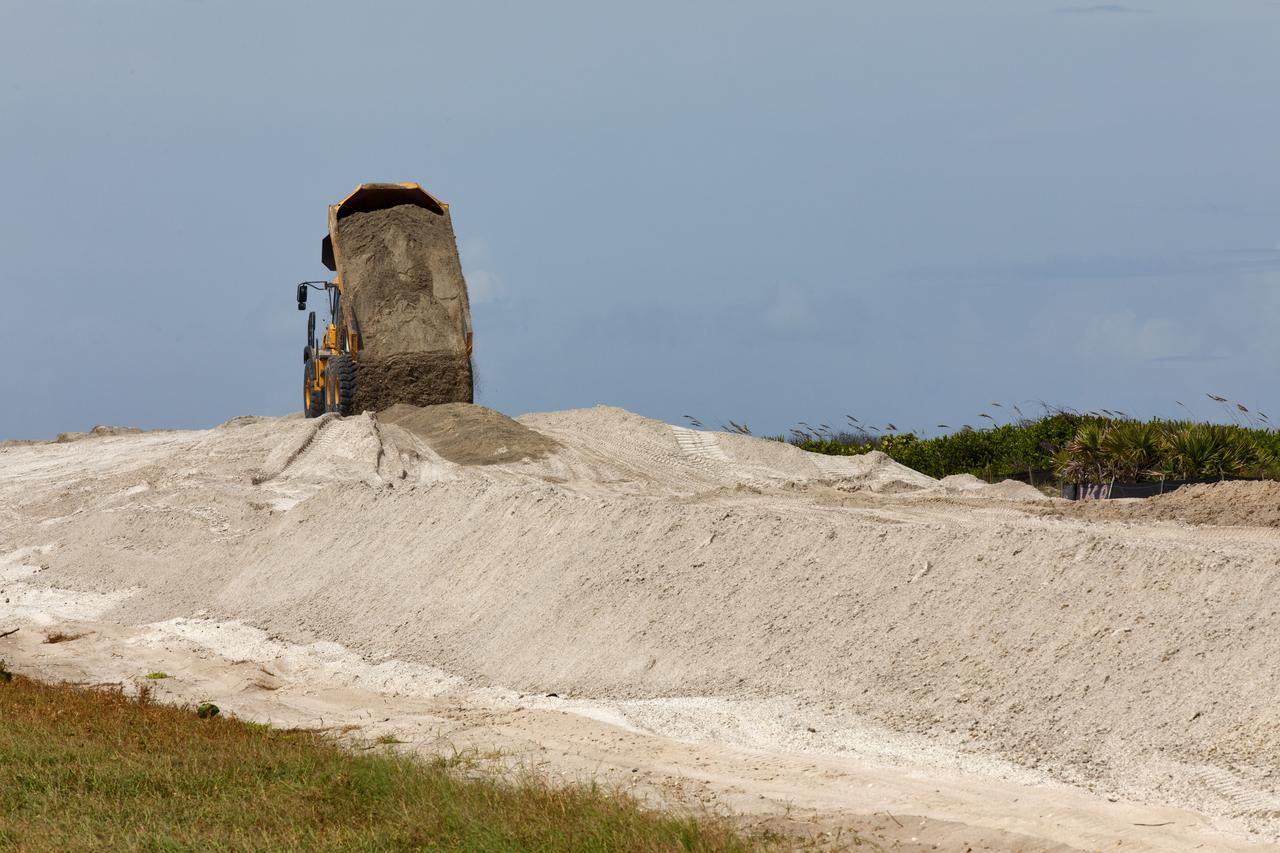 Restoration efforts are underway to the dunes at the north beaches at NASA’s Kennedy Space Center in Florida on Oct. 8, 2018. About 450,000 cubic yards of beach-quality sand, tested for compatibility, is being transported to the space center’s beaches. One the dune is built up, native coastal vegetation will be replanted, helping to stabilize the dune and offer a habitat for Kennedy’s coast wildlife. Dunes are affected by beach erosion and storm surge from tropical events, such as hurricanes. Restoration began in spring 2018 and is targeted to be completed by April 2019.