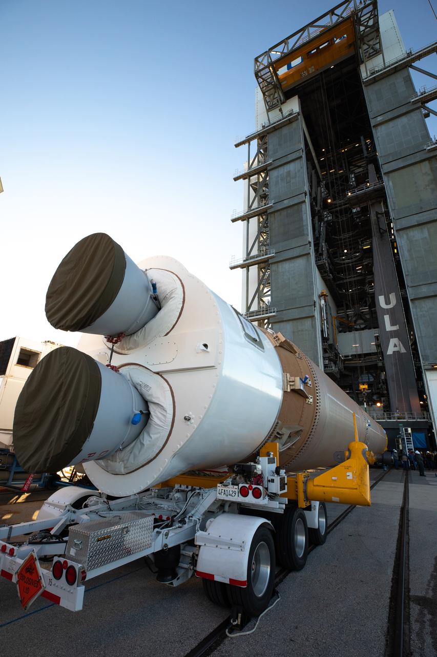 The booster of a United Launch Alliance Atlas V rocket that will launch the Solar Orbiter spacecraft arrives at the Vertical Integration Facility near Space Launch Complex 41 at Cape Canaveral Air Force Station in Florida on Jan. 6, 2020. Solar Orbiter is an international cooperative mission between ESA (European Space Agency) and NASA. The mission aims to study the Sun, its outer atmosphere and solar wind. The spacecraft will provide the first images of the Sun’s poles. NASA’s Launch Services Program based at Kennedy Space Center in Florida is managing the launch.