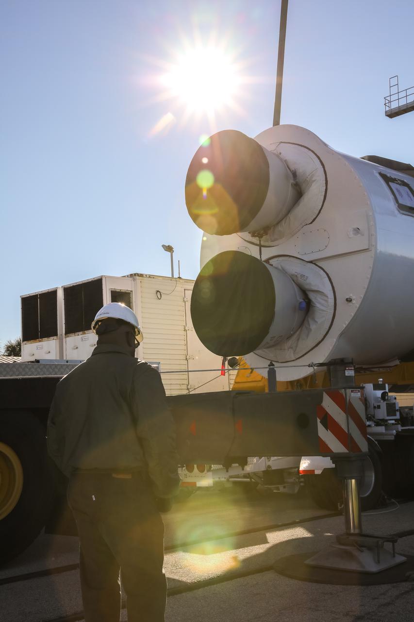The booster of a United Launch Alliance Atlas V rocket that will launch the Solar Orbiter spacecraft arrives at the Vertical Integration Facility near Space Launch Complex 41 at Cape Canaveral Air Force Station in Florida on Jan. 6, 2020. Solar Orbiter is an international cooperative mission between ESA (European Space Agency) and NASA. The mission aims to study the Sun, its outer atmosphere and solar wind. The spacecraft will provide the first images of the Sun’s poles. NASA’s Launch Services Program based at Kennedy Space Center in Florida is managing the launch.