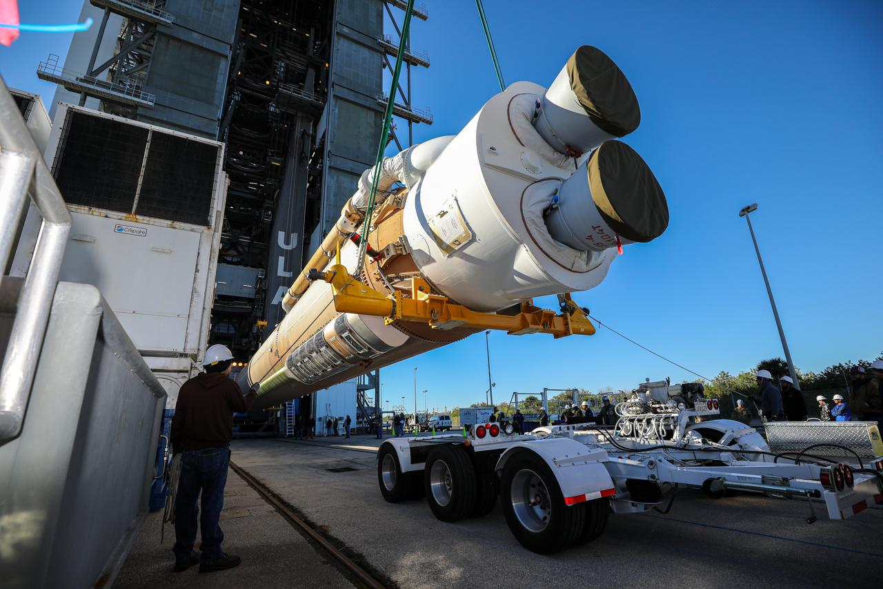 The booster of a United Launch Alliance Atlas V rocket that will launch the Solar Orbiter spacecraft is lifted into the vertical position at the Vertical Integration Facility near Space Launch Complex 41 at Cape Canaveral Air Force Station in Florida on Jan. 6, 2020. Solar Orbiter is an international cooperative mission between ESA (European Space Agency) and NASA. The mission aims to study the Sun, its outer atmosphere and solar wind. The spacecraft will provide the first images of the Sun’s poles. NASA’s Launch Services Program based at Kennedy Space Center in Florida is managing the launch.