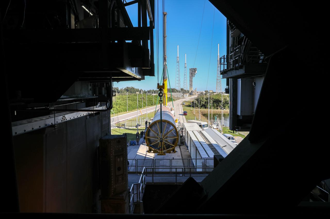 The booster of a United Launch Alliance Atlas V rocket that will launch the Solar Orbiter spacecraft is lifted into the vertical position at the Vertical Integration Facility near Space Launch Complex 41 at Cape Canaveral Air Force Station in Florida on Jan. 6, 2020. Solar Orbiter is an international cooperative mission between ESA (European Space Agency) and NASA. The mission aims to study the Sun, its outer atmosphere and solar wind. The spacecraft will provide the first images of the Sun’s poles. NASA’s Launch Services Program based at Kennedy Space Center in Florida is managing the launch.