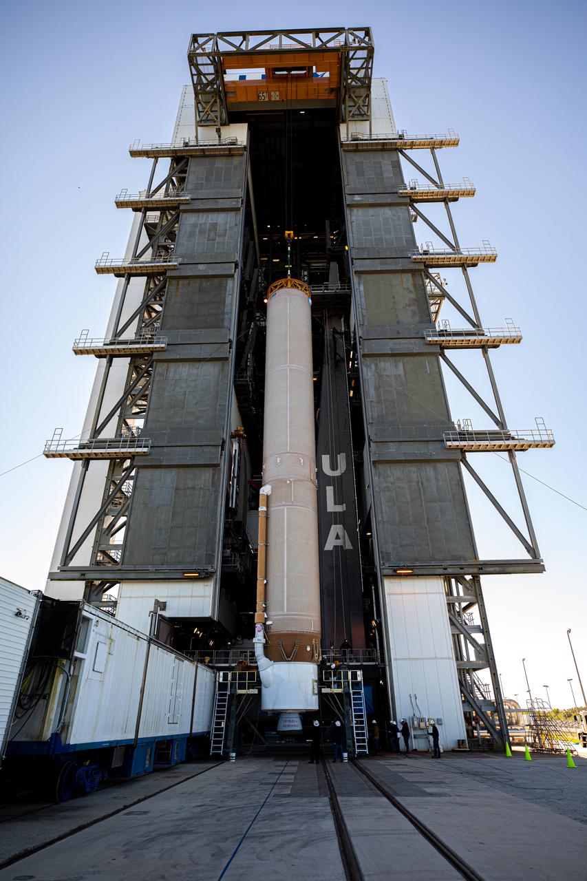 The booster of a United Launch Alliance Atlas V rocket that will launch the Solar Orbiter spacecraft is lifted into the vertical position at the Vertical Integration Facility near Space Launch Complex 41 at Cape Canaveral Air Force Station in Florida on Jan. 6, 2020. Solar Orbiter is an international cooperative mission between ESA (European Space Agency) and NASA. The mission aims to study the Sun, its outer atmosphere and solar wind. The spacecraft will provide the first images of the Sun’s poles. NASA’s Launch Services Program based at Kennedy Space Center in Florida is managing the launch.