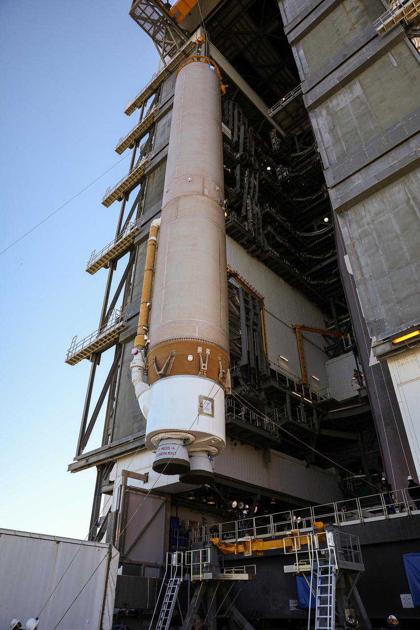 The booster of a United Launch Alliance Atlas V rocket that will launch the Solar Orbiter spacecraft is lifted into the vertical position at the Vertical Integration Facility near Space Launch Complex 41 at Cape Canaveral Air Force Station in Florida on Jan. 6, 2020. Solar Orbiter is an international cooperative mission between ESA (European Space Agency) and NASA. The mission aims to study the Sun, its outer atmosphere and solar wind. The spacecraft will provide the first images of the Sun’s poles. NASA’s Launch Services Program based at Kennedy Space Center in Florida is managing the launch.