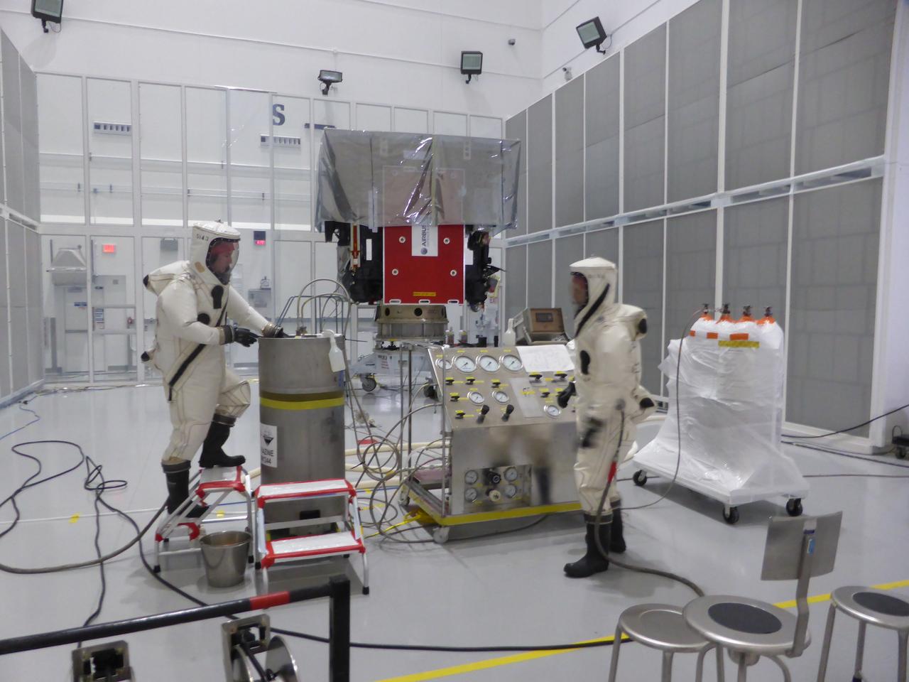 The Solar Orbiter spacecraft is loaded with propellants during processing activities inside the Astrotech Space Operations facility in Titusville, Florida. Solar Orbiter aims to study the Sun, its outer atmosphere and solar wind, and will provide the first images of the Sun’s poles. Solar Orbiter is a space mission of international collaboration between ESA (European Space Agency) and NASA. The spacecraft has been developed by Airbus. NASA’s Launch Services Program based at Kennedy Space Center in Florida is managing the launch. Liftoff is scheduled for Feb. 5, 2020, from Cape Canaveral Air Force Station aboard a United Launch Alliance Atlas V rocket.