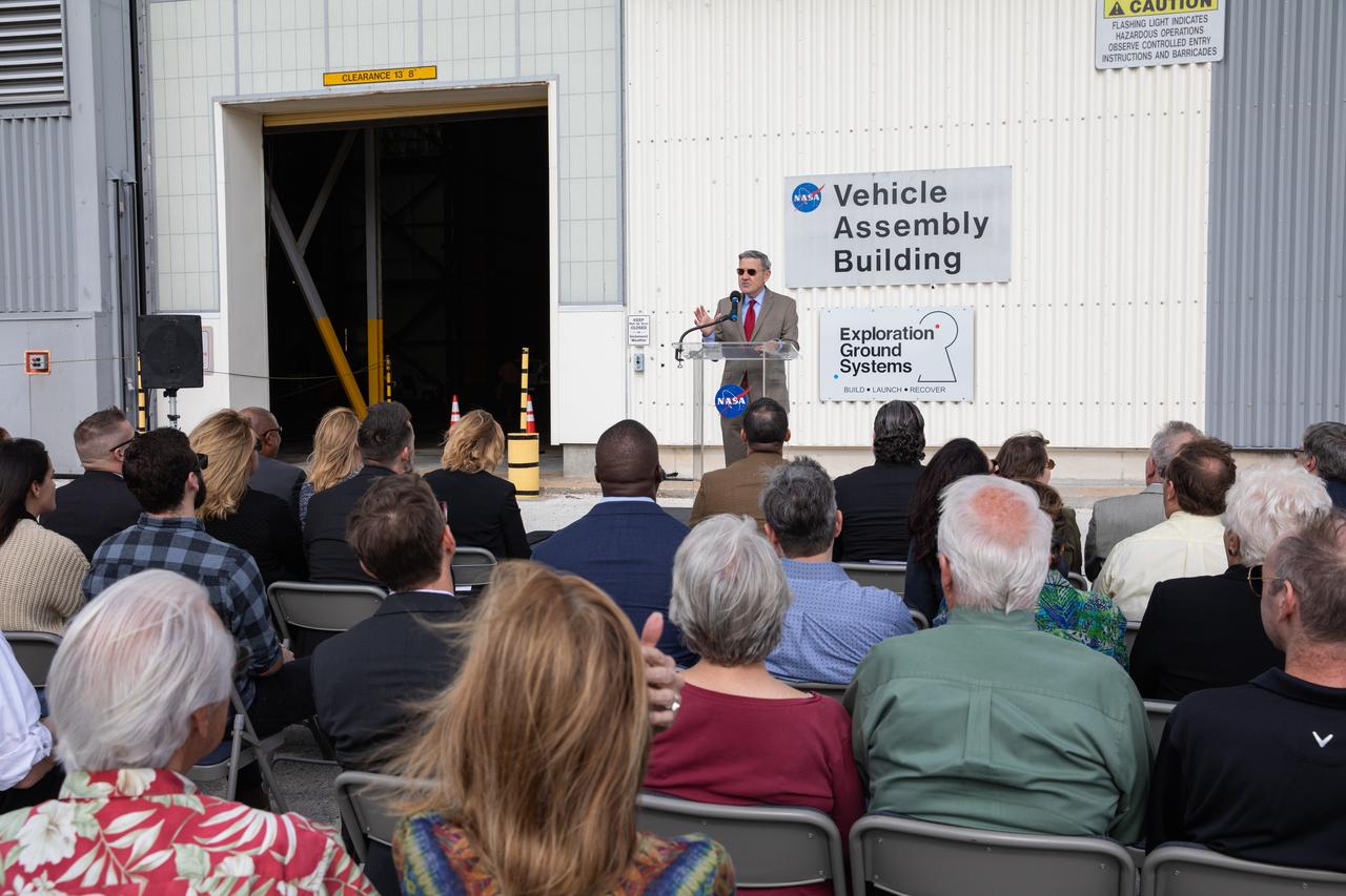 Kennedy Space Center Director Bob Cabana, speaks to attendees during a ceremony on Jan. 10, 2020, to recognize the Vehicle Assembly Building with the National Historic Civil Engineering Landmark award. The Florida Section American Society of Civil Engineers nominated the historic building and bestowed the award. The VAB is the first building at Kennedy Space Center to earn this distinction. At the time of its completion, the 129-million-cubic-foot structure was the largest building in the world. Originally designed and built to accommodate the Saturn V/Apollo used in Project Apollo, the VAB was later modified for its role in the Space Shuttle Program.