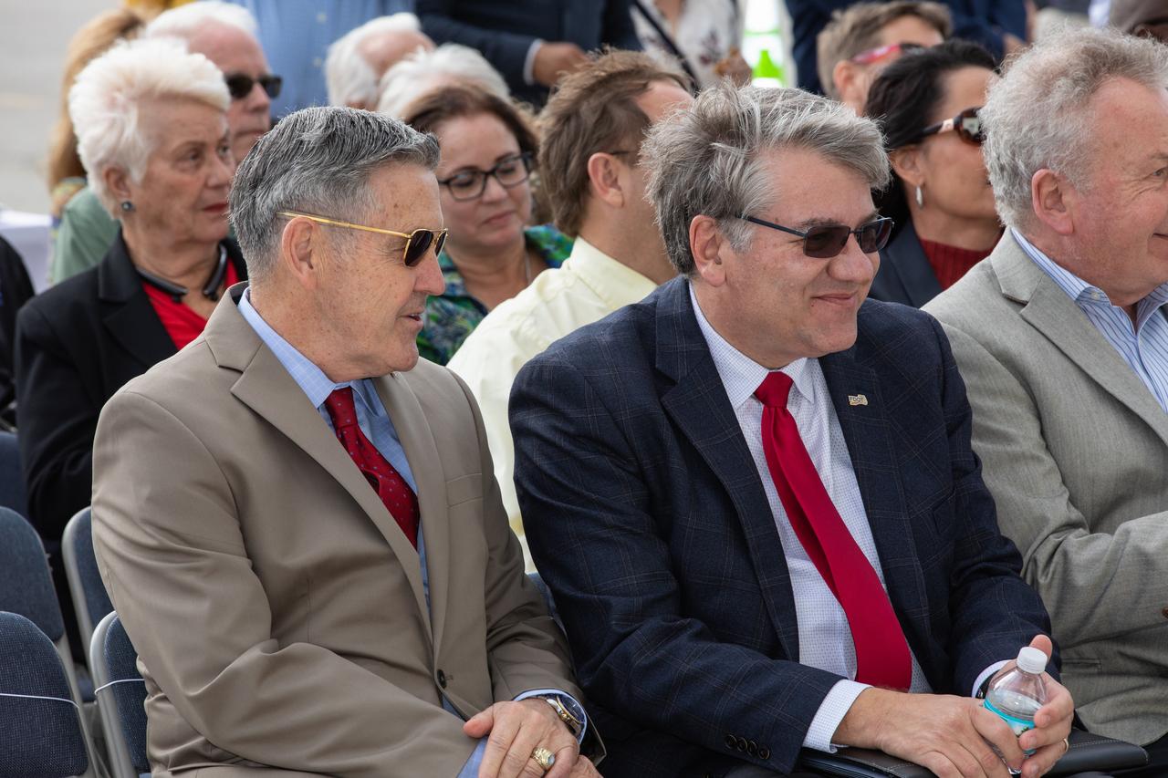 Kennedy Space Center Director Bob Cabana, left, talks with Florida Department of Transportation Secretary Kevin Thibault during a ceremony on Jan. 10, 2020, to recognize the Vehicle Assembly Building with the National Historic Civil Engineering Landmark award. The Florida Section American Society of Civil Engineers nominated the historic building and bestowed the award. The VAB is the first building at Kennedy Space Center to earn this distinction. At the time of its completion, the 129-million-cubic-foot structure was the largest building in the world. Originally designed and built to accommodate the Saturn V/Apollo used in Project Apollo, the VAB was later modified for its role in the Space Shuttle Program. 