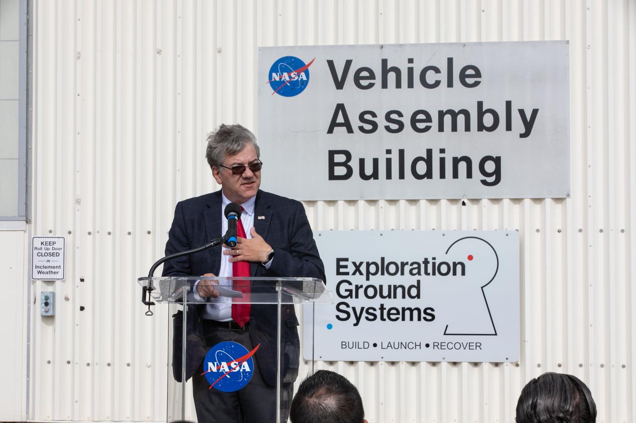 Florida Department of Transportation Secretary Kevin Thibault speaks to attendees during a ceremony on Jan. 10, 2020, to recognize the Vehicle Assembly Building with the National Historic Civil Engineering Landmark award. The Florida Section American Society of Civil Engineers nominated the historic building and bestowed the award. The VAB is the first building at Kennedy Space Center to earn this distinction. At the time of its completion, the 129-million-cubic-foot structure was the largest building in the world. Originally designed and built to accommodate the Saturn V/Apollo used in Project Apollo, the VAB was later modified for its role in the Space Shuttle Program.