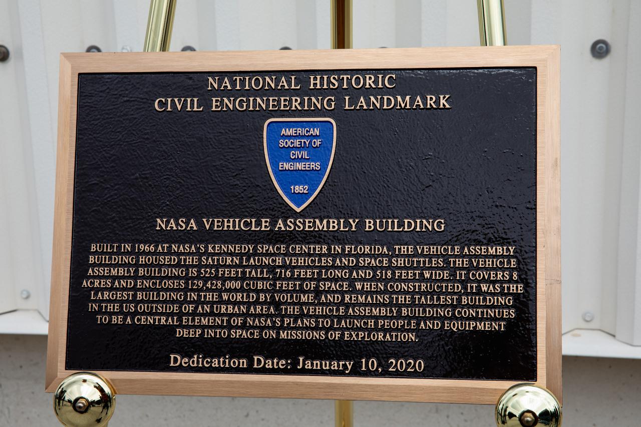 The Florida Section of the American Society of Civil Engineers bestowed the ASCE National Historic Civil Engineering Landmark award to Kennedy Space Center’s iconic Vehicle Assembly Building during a ceremony on Jan. 10, 2020. The VAB is the first building at Kennedy Space Center to earn this distinction. At the time of its completion, the 129-million-cubic-foot structure was the largest building in the world. Originally designed and built to accommodate the Saturn V/Apollo used in Project Apollo, the VAB was later modified for its role in the Space Shuttle Program. 