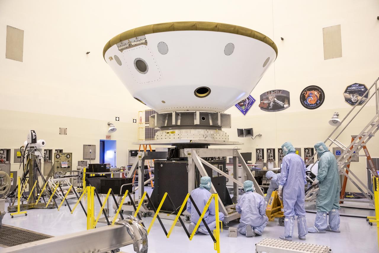 Tests to measure the center of gravity and moments of inertia for the Mars 2020 rover aeroshell are performed on the spin table inside Kennedy Space Center’s Payload Hazardous Servicing Facility on Jan. 15, 2020. The Mars 2020 rover will carry seven different scientific instruments, landing on the Red Planet on Feb. 18, 2021. It is scheduled to launch aboard a United Launch Alliance Atlas V 541 rocket, procured by NASA’s Launch Services Program, in the summer of 2020.