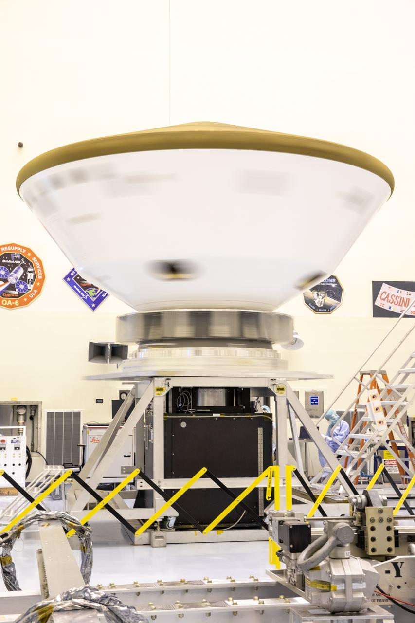 Tests to measure the center of gravity and moments of inertia for the Mars 2020 rover aeroshell are performed on the spin table inside Kennedy Space Center’s Payload Hazardous Servicing Facility on Jan. 15, 2020. The Mars 2020 rover will carry seven different scientific instruments, landing on the Red Planet on Feb. 18, 2021. It is scheduled to launch aboard a United Launch Alliance Atlas V 541 rocket, procured by NASA’s Launch Services Program, in the summer of 2020.