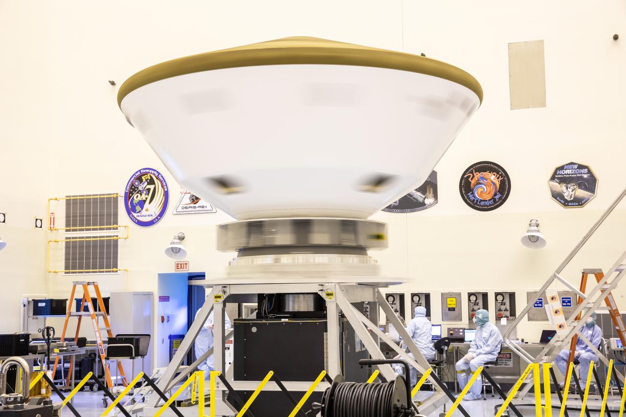 Tests to measure the center of gravity and moments of inertia for the Mars 2020 rover aeroshell are performed on the spin table inside Kennedy Space Center’s Payload Hazardous Servicing Facility on Jan. 15, 2020. The Mars 2020 rover will carry seven different scientific instruments, landing on the Red Planet on Feb. 18, 2021. It is scheduled to launch aboard a United Launch Alliance Atlas V 541 rocket, procured by NASA’s Launch Services Program, in the summer of 2020.