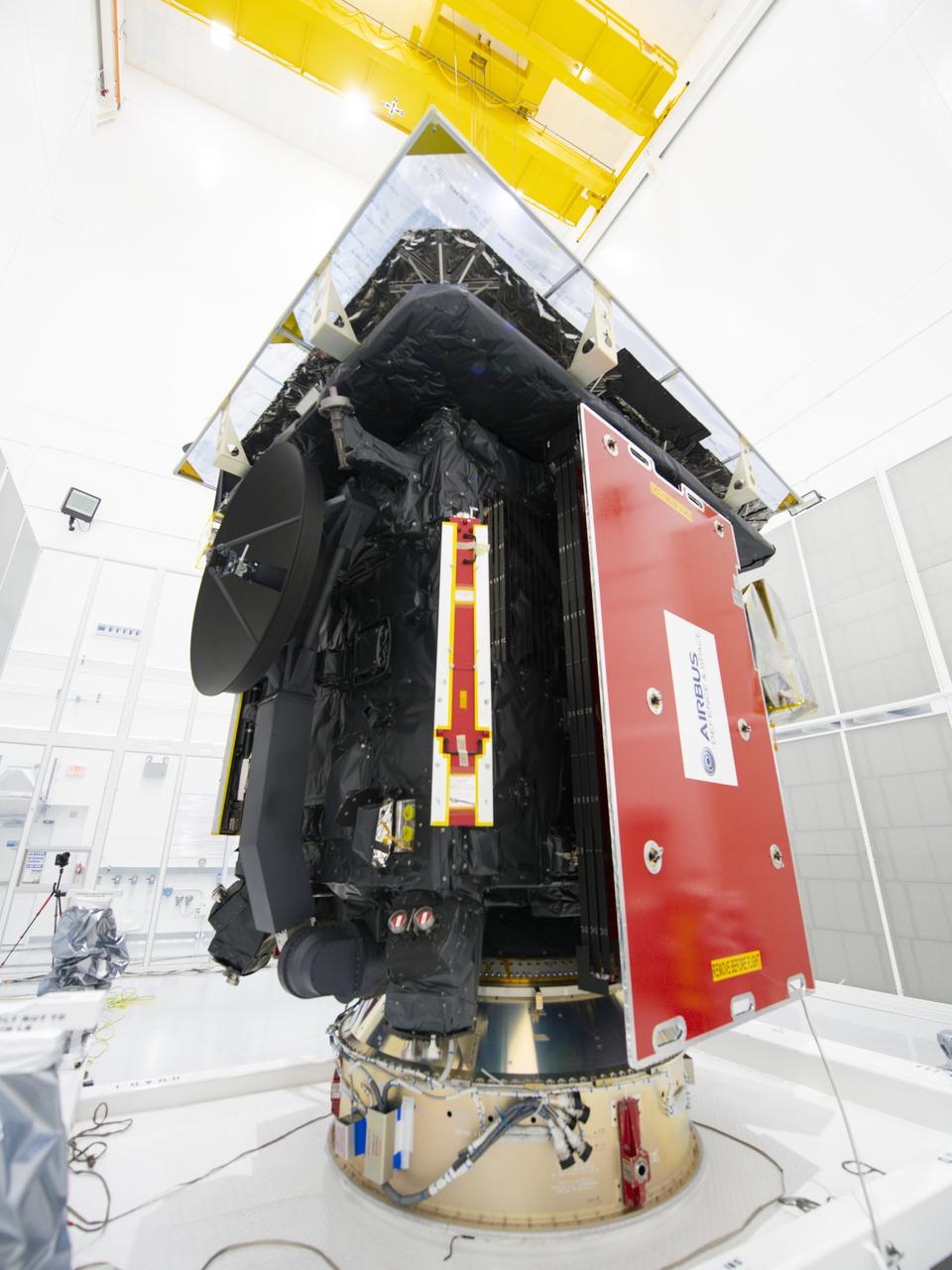 The Solar Orbiter spacecraft is mated to the payload adapter and lowered onto the ground transport vehicle inside Astrotech Space Operations in Titusville, Florida on Jan. 16, 2020. Solar Orbiter is an international cooperative mission between ESA (European Space Agency) and NASA. The mission aims to study the Sun, its outer atmosphere and solar wind. The spacecraft will provide the first images of the Sun’s poles. NASA’s Launch Services Program based at Kennedy is managing the launch. The spacecraft has been developed by Airbus Defence and Space. Solar Orbiter will launch in February 2020 aboard a United Launch Alliance Atlas V rocket from Space Launch Complex 41 at Cape Canaveral Air Force Station in Florida.