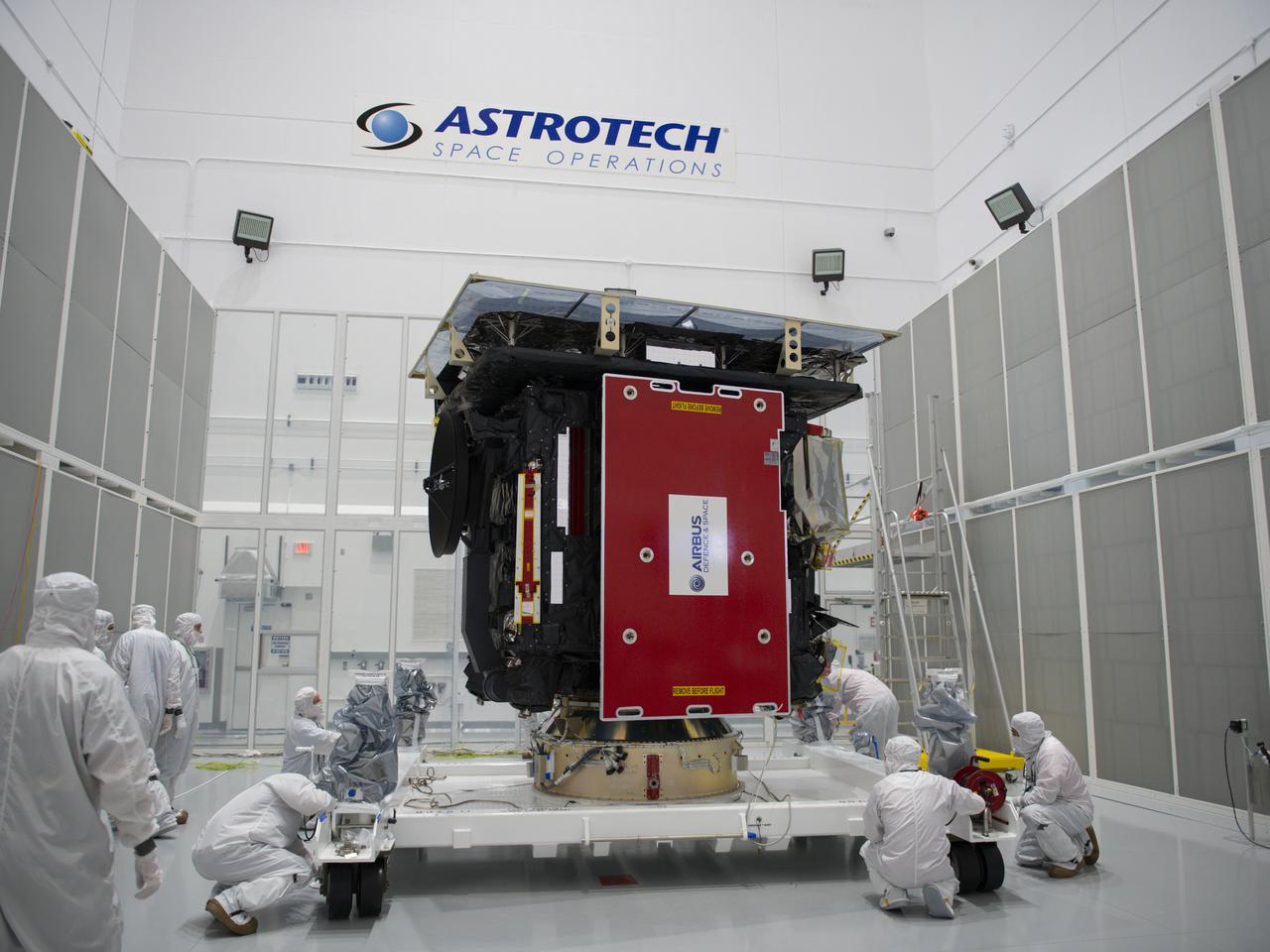 The Solar Orbiter spacecraft is mated to the payload adapter and secured onto the ground transport vehicle inside Astrotech Space Operations in Titusville, Florida on Jan. 16, 2020. Solar Orbiter is an international cooperative mission between ESA (European Space Agency) and NASA. The mission aims to study the Sun, its outer atmosphere and solar wind. The spacecraft will provide the first images of the Sun’s poles. NASA’s Launch Services Program based at Kennedy is managing the launch. The spacecraft has been developed by Airbus Defence and Space. Solar Orbiter will launch in February 2020 aboard a United Launch Alliance Atlas V rocket from Space Launch Complex 41 at Cape Canaveral Air Force Station in Florida.