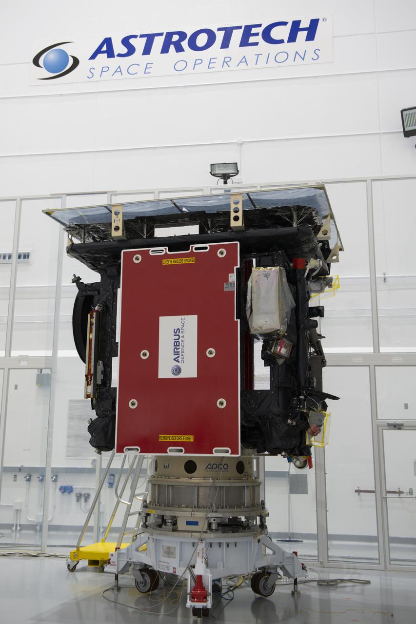 The Solar Orbiter spacecraft is secured on a work stand for processing inside Astrotech Space Operations in Titusville, Florida on Jan. 16, 2020. Solar Orbiter is an international cooperative mission between ESA (European Space Agency) and NASA. The mission aims to study the Sun, its outer atmosphere and solar wind. The spacecraft will provide the first images of the Sun’s poles. NASA’s Launch Services Program based at Kennedy is managing the launch. The spacecraft has been developed by Airbus Defence and Space. Solar Orbiter will launch in February 2020 aboard a United Launch Alliance Atlas V rocket from Space Launch Complex 41 at Cape Canaveral Air Force Station in Florida.