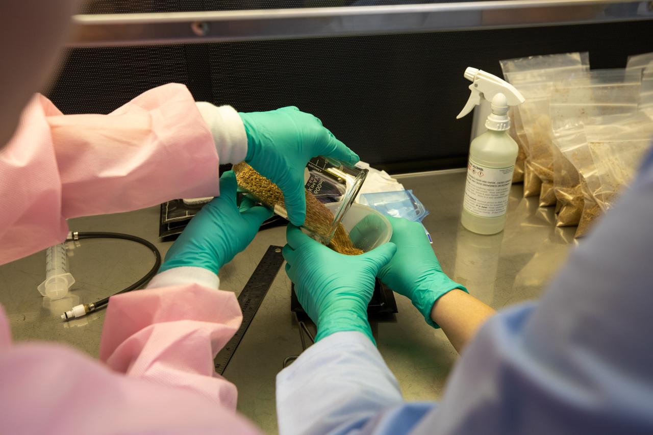 Inside the Space Station Processing Facility at NASA’s Kennedy Space Center in Florida, a researcher measures out the calcined clay that will be used to assemble plant pillows on Jan. 16, 2019. Often used to condition baseball infields, the clay’s size and roughness traps air and absorbs water to provide both to plant roots in microgravity. The pillows are small containers used to grow plants in space aboard the International Space Station. The pillows are for a series of plant experiments called VEG-03 J/K/L that will monitor the growth of three types of leafy greens and test a new way of handling seeds. The experiments will be launched to the orbiting laboratory aboard a Northrop Grumman Antares rocket and Cygnus spacecraft on the company’s 13th resupply services mission. Liftoff is scheduled for Feb. 9, 2020, at 5:39 p.m. EST from the agency’s Wallops Flight Facility in Virginia. 
