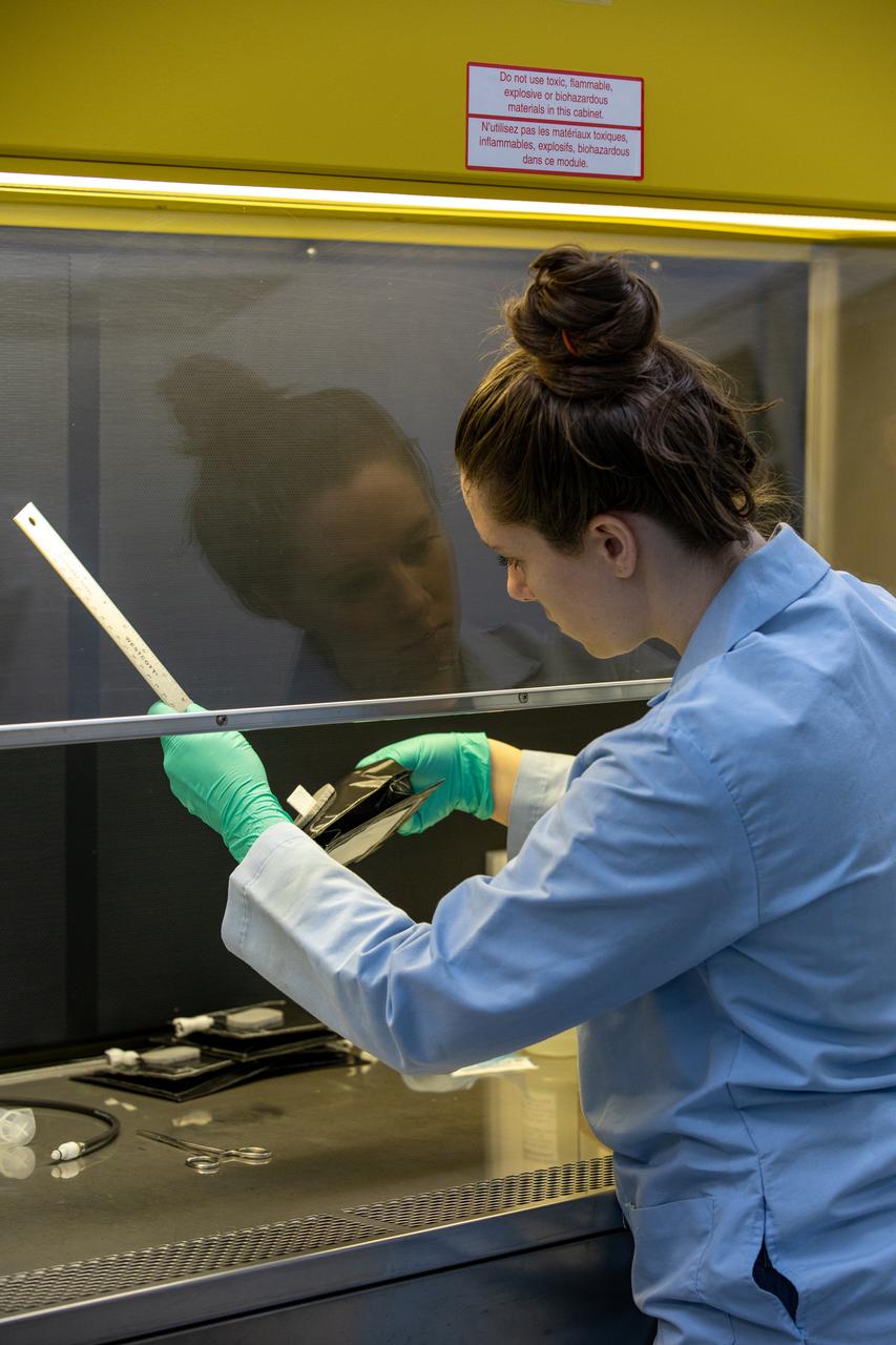 Jess Bunchek, a pseudonaut and associate scientist at NASA’s Kennedy Space Center, measures the seed wick emerging from a plant pillow in the Florida spaceport’s Space Station Processing Facility on Jan. 16, 2019. Researchers will then glue seeds for two crops onto the wicks. A common method used to grow plants in space, the pillows are being sent to the International Space Station for a series of VEG-03 experiments that will study the growth of three types of leafy greens in a microgravity environment and a new seed handling material. The experiments will be launched to the orbiting laboratory aboard a Northrop Grumman Antares rocket and Cygnus spacecraft on the company’s 13th resupply services mission. Liftoff is scheduled for Feb. 9, 2020, at 5:39 p.m. EST from the agency’s Wallops Flight Facility in Virginia. 