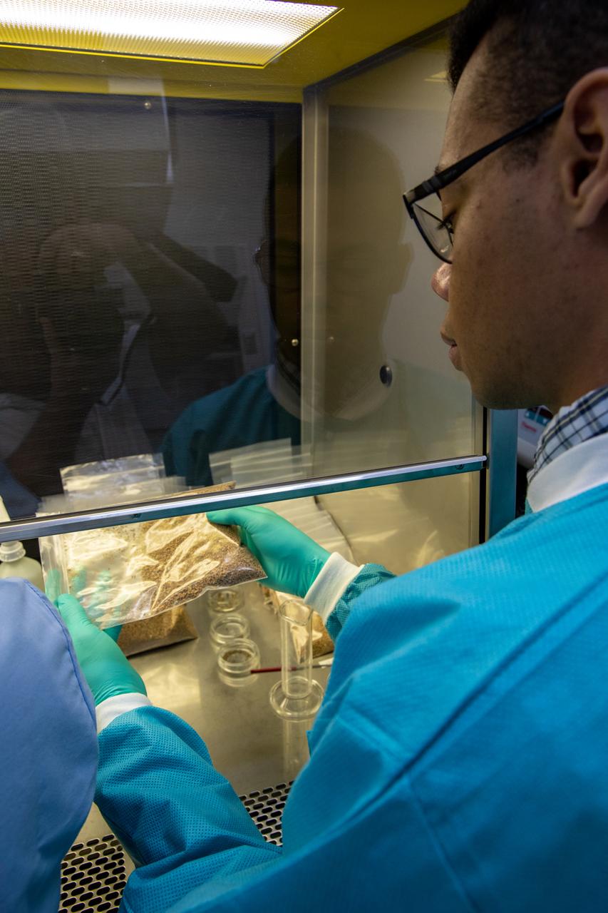 Joseph Taylor, an intern at NASA’s Kennedy Space Center in Florida, observes the calcined clay that will be used to assemble plant pillows inside the Space Station Processing Facility on Jan. 16, 2020. Often used to condition baseball infields, the clay’s size and roughness traps air and absorbs water to provide both to plant roots in microgravity. The pillows are small containers used to grow plants in space aboard the International Space Station. These pillows are for a series of plant experiments called VEG-03 J/K/L that will monitor the growth of three types of leafy greens and test a new way of handling seeds. The experiments will be launched to the orbiting laboratory aboard a Northrop Grumman Antares rocket and Cygnus spacecraft on the company’s 13th resupply services mission. Liftoff is scheduled for Feb. 9, 2020, at 5:39 p.m. EST from the agency’s Wallops Flight Facility in Virginia. 