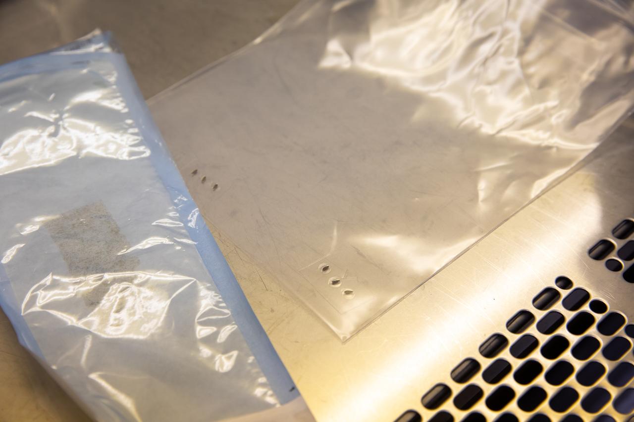 Strips of seed film – a new seed handling material containing red romaine lettuce seeds – are photographed inside the Space Station Processing Facility at NASA’s Kennedy Space Center in Florida on Jan. 16, 2020. The seed film is being prepared for the VEG-03 J experiment that will fly to the International Space Station on Northrop Grumman’s 13th resupply services (NG-13) mission. This seed film experiment involves crew aboard the orbiting laboratory planting the seeds into plant pillows – a common method used to grow plants in space – themselves for the first time ever. The water-soluble, dissolving film addresses the challenge of handling seeds in a microgravity environment and also can be used to deliver fertilizers and other beneficial substances that help plants grow. NG-13 is scheduled to launch from the agency’s Wallops Flight Facility in Virginia on Feb. 9, 2020, at 5:39 p.m. EST. 