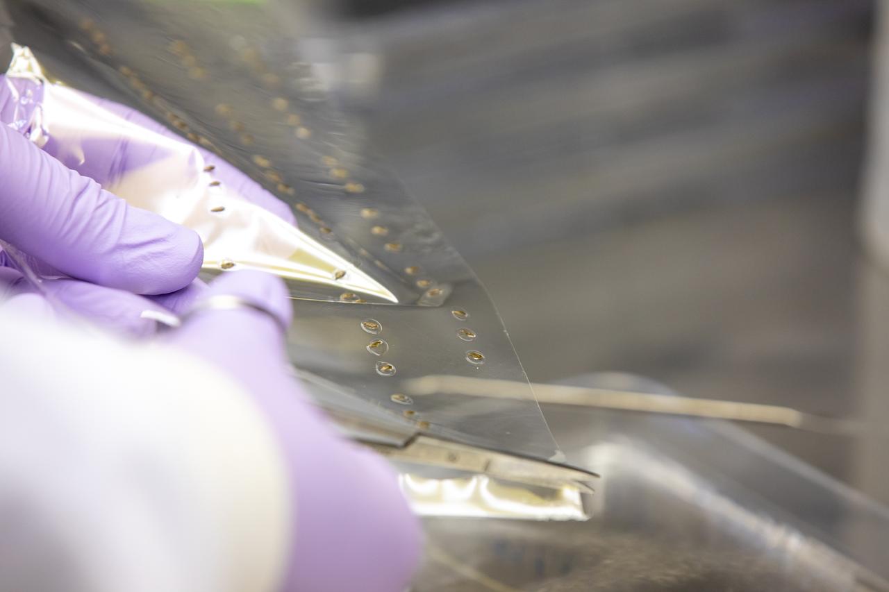 A research scientist at NASA’s Kennedy Space Center in Florida cuts strips of seed film – a new seed handling material containing red romaine lettuce seeds – inside the Space Station Processing Facility on Jan. 16, 2020. The seed film is being prepared for the VEG-03 J experiment that will fly to the International Space Station on Northrop Grumman’s 13th resupply services (NG-13) mission. This seed film experiment involves crew aboard the orbiting laboratory planting the seeds into plant pillows – a common method used to grow plants in space – themselves for the first time ever. The water-soluble, dissolving film addresses the challenge of handling seeds in a microgravity environment and also can be used to deliver fertilizers and other beneficial substances that help plants grow. NG-13 is scheduled to launch from the agency’s Wallops Flight Facility in Virginia on Feb. 9, 2020, at 5:39 p.m. EST. 