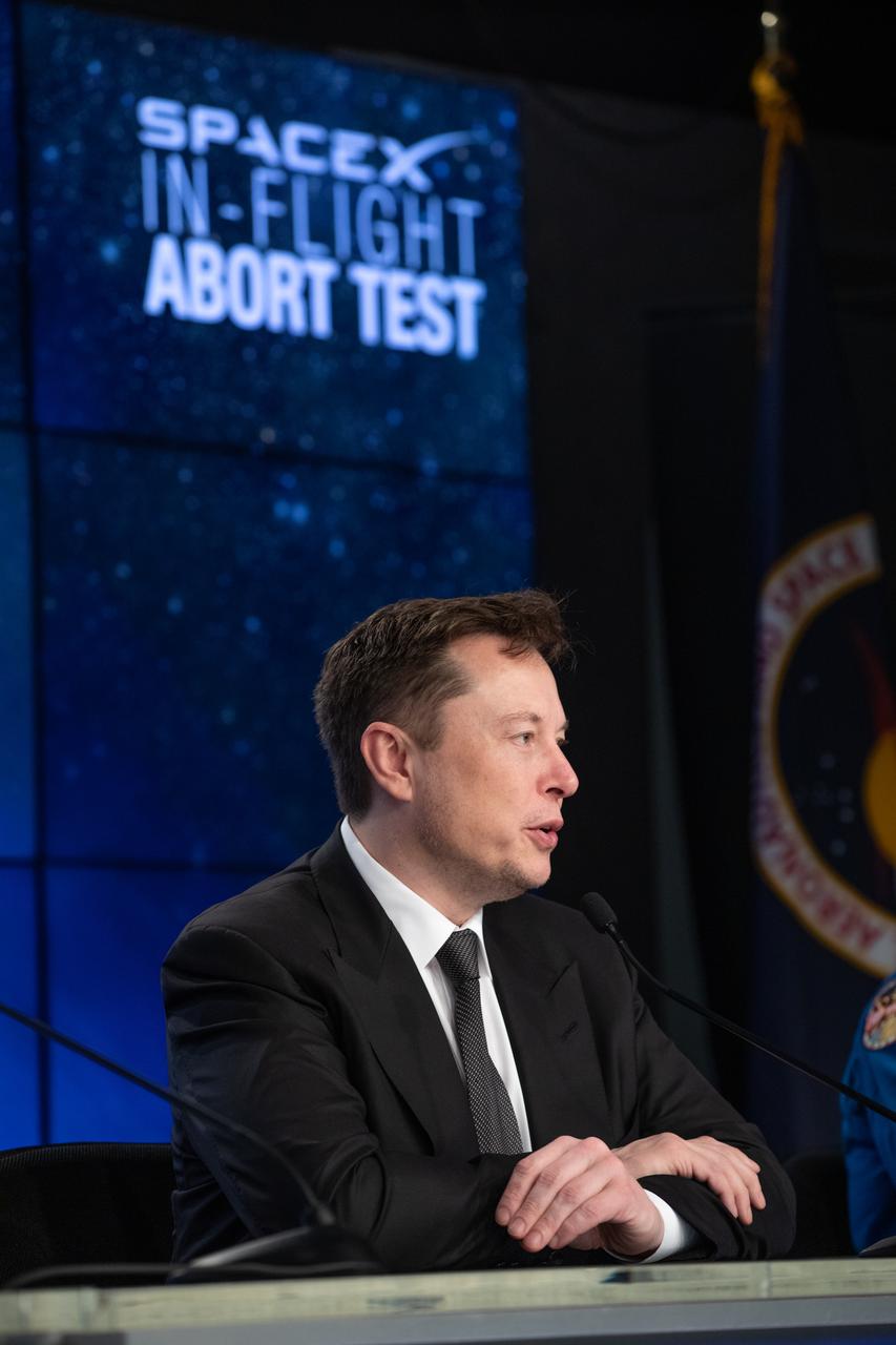 SpaceX Chief Engineer Elon Musk participates in a briefing at the agency’s Kennedy Space Center in Florida following the company’s uncrewed In-Flight Abort Test on Jan. 19, 2020. During the flight test, a SpaceX Falcon 9 rocket and Crew Dragon spacecraft lifted off from Kennedy’s Launch Complex 39A and began a planned launch-abort sequence demonstrating the spacecraft’s escape capabilities. The Crew Dragon splashed down in the Atlantic Ocean as expected. The In-Flight Abort Test is a critical milestone in preparation for crewed flights to the International Space Station as part of the agency’s Commercial Crew Program.