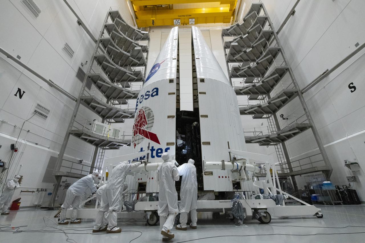 The Solar Orbiter spacecraft is secured inside the United Launch Alliance payload fairing in the Astrotech Space Operations facility in Titusville, Florida on Jan. 20, 2020. Solar Orbiter is an international cooperative mission between ESA (European Space Agency) and NASA. The mission aims to study the Sun, its outer atmosphere and solar wind. The spacecraft will provide the first images of the Sun’s poles. NASA’s Launch Services Program based at Kennedy is managing the launch. The spacecraft has been developed by Airbus Defence and Space. Solar Orbiter will launch in February 2020 aboard a United Launch Alliance Atlas V rocket from Space Launch Complex 41 at Cape Canaveral Air Force Station in Florida.