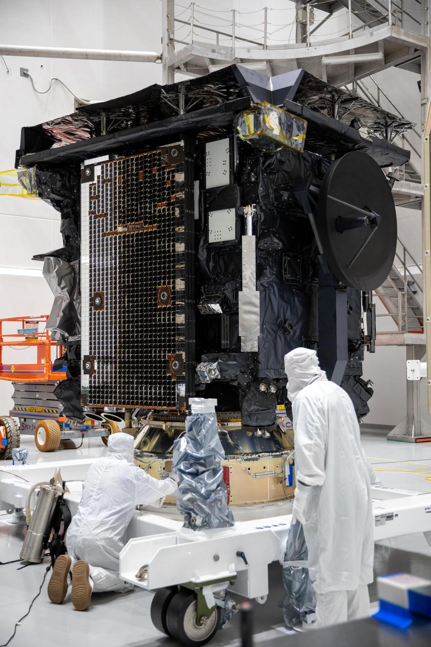 The Solar Orbiter spacecraft is prepared for encapsulation in the United Launch Alliance Atlas V payload fairing inside the Astrotech Space Operations facility in Titusville, Florida, on Jan. 20, 2020. The fairing provides a protective, aerodynamic cover to the payload inside during the early minutes of ascent. Solar Orbiter is an international cooperative mission between ESA (European Space Agency) and NASA. The mission aims to study the Sun, its outer atmosphere and solar wind. The spacecraft will provide the first images of the Sun’s poles. NASA’s Launch Services Program based at Kennedy Space Center in Florida is managing the launch. The spacecraft has been developed by Airbus Defence and Space. Solar Orbiter will launch aboard an Atlas V rocket from Space Launch Complex 41 at Cape Canaveral Air Force Station in Florida. Liftoff is scheduled for Feb. 5, 2020.