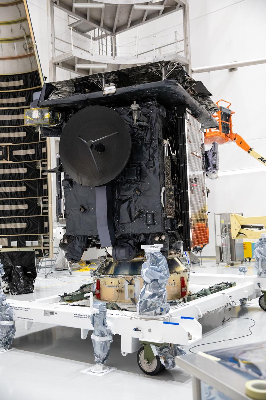The Solar Orbiter spacecraft is prepared for encapsulation in the United Launch Alliance Atlas V payload fairing inside the Astrotech Space Operations facility in Titusville, Florida, on Jan. 20, 2020. The fairing provides a protective, aerodynamic cover to the payload inside during the early minutes of ascent. Solar Orbiter is an international cooperative mission between ESA (European Space Agency) and NASA. The mission aims to study the Sun, its outer atmosphere and solar wind. The spacecraft will provide the first images of the Sun’s poles. NASA’s Launch Services Program based at Kennedy Space Center in Florida is managing the launch. The spacecraft has been developed by Airbus Defence and Space. Solar Orbiter will launch aboard an Atlas V rocket from Space Launch Complex 41 at Cape Canaveral Air Force Station in Florida. Liftoff is scheduled for Feb. 5, 2020.